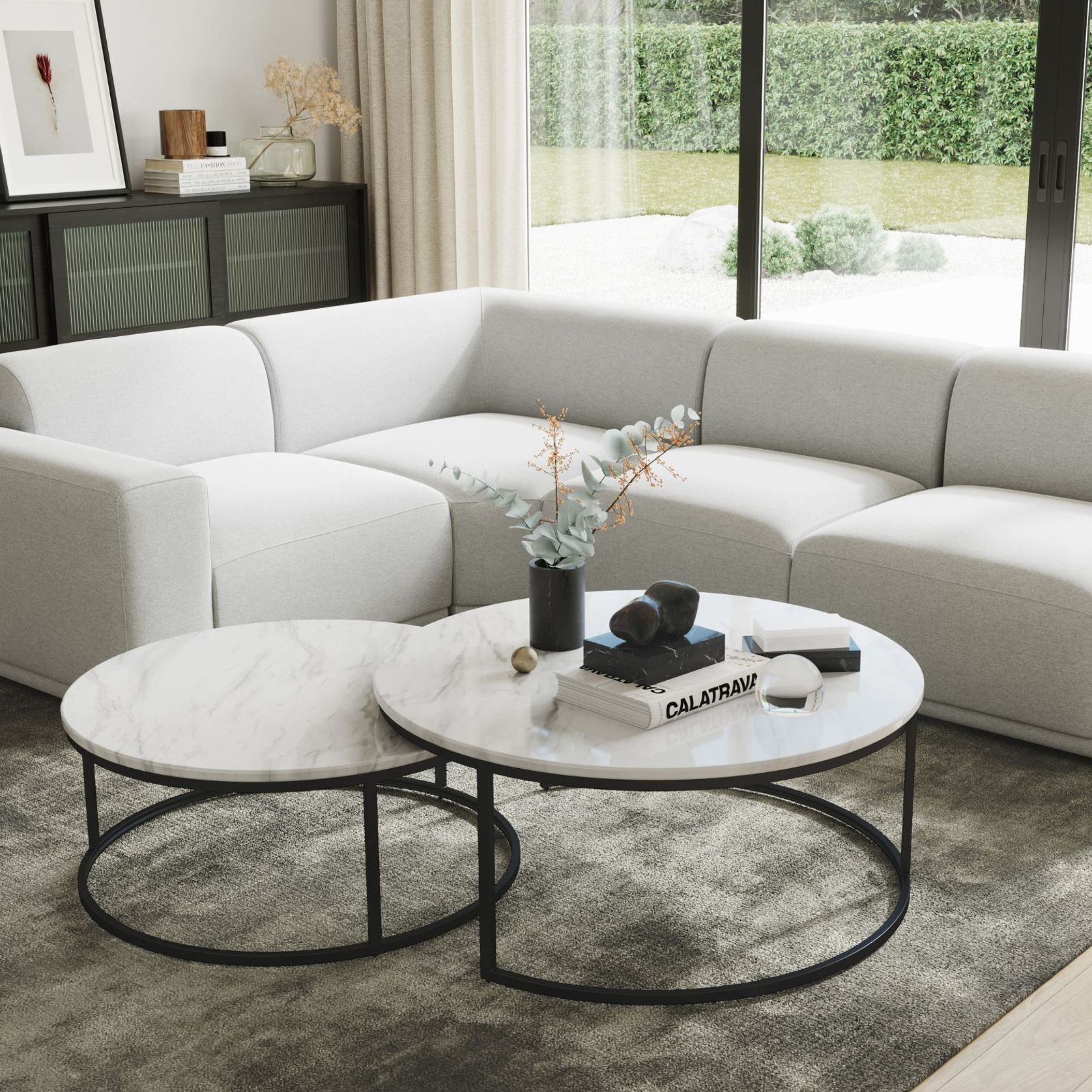 Khloe White Marble Round Nest Coffee Table | Black gallery detail image