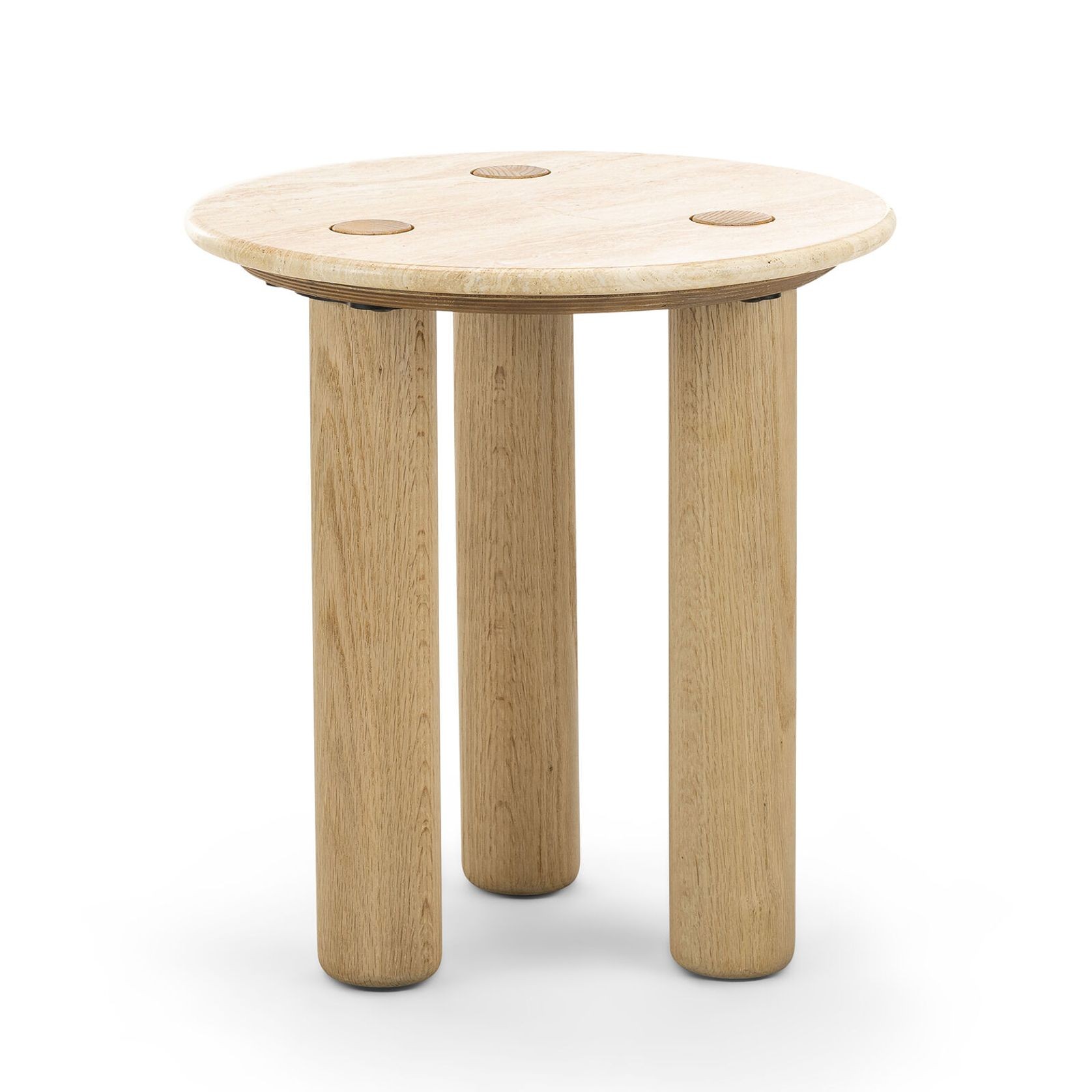 Ayra 45cm Round Travertine Side Table | Cream & Natural Oak gallery detail image