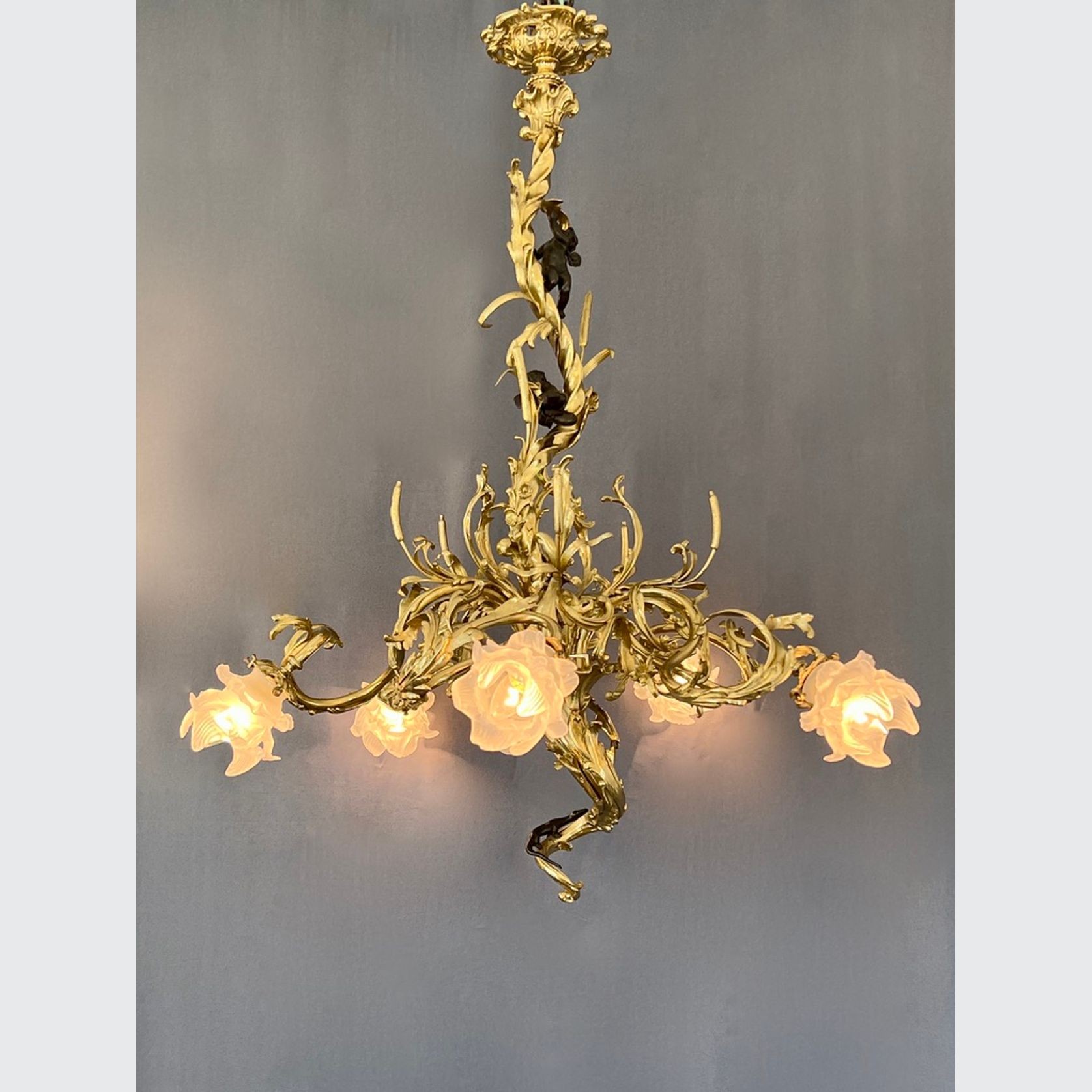 Antique Gilt Bronze Chandelier In Louis XV Style gallery detail image