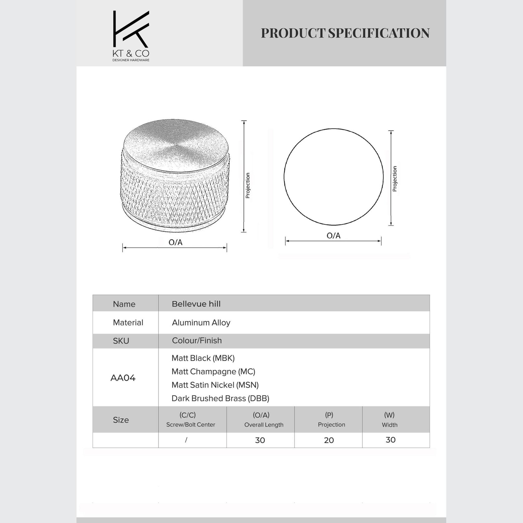 KT&CO Kitchen drawer knobs bellevue hill matt black / satin nickel / dark brushed brass/ champagne gallery detail image