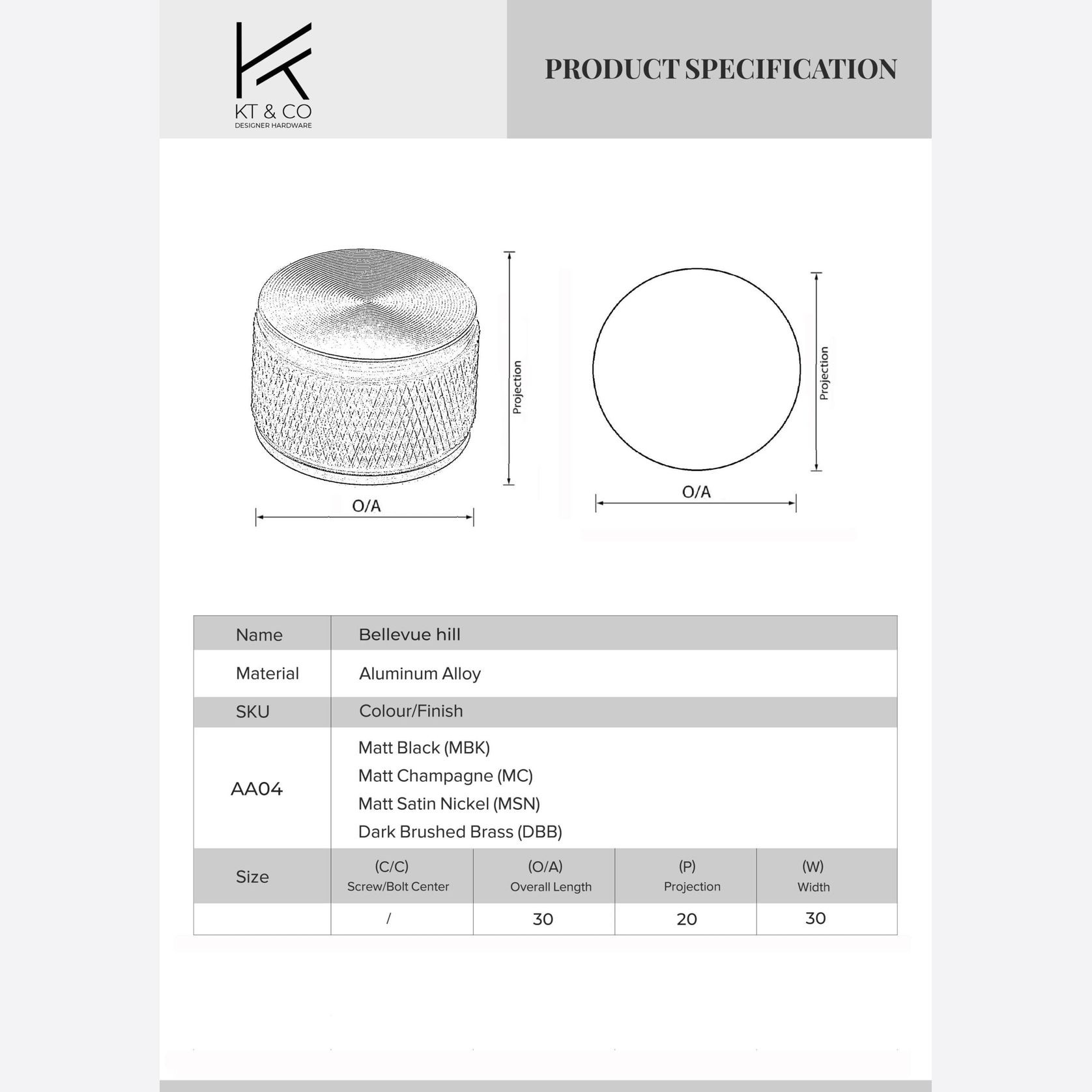 KT&CO Kitchen drawer knobs bellevue hill matt black / satin nickel / dark brushed brass/ champagne gallery detail image