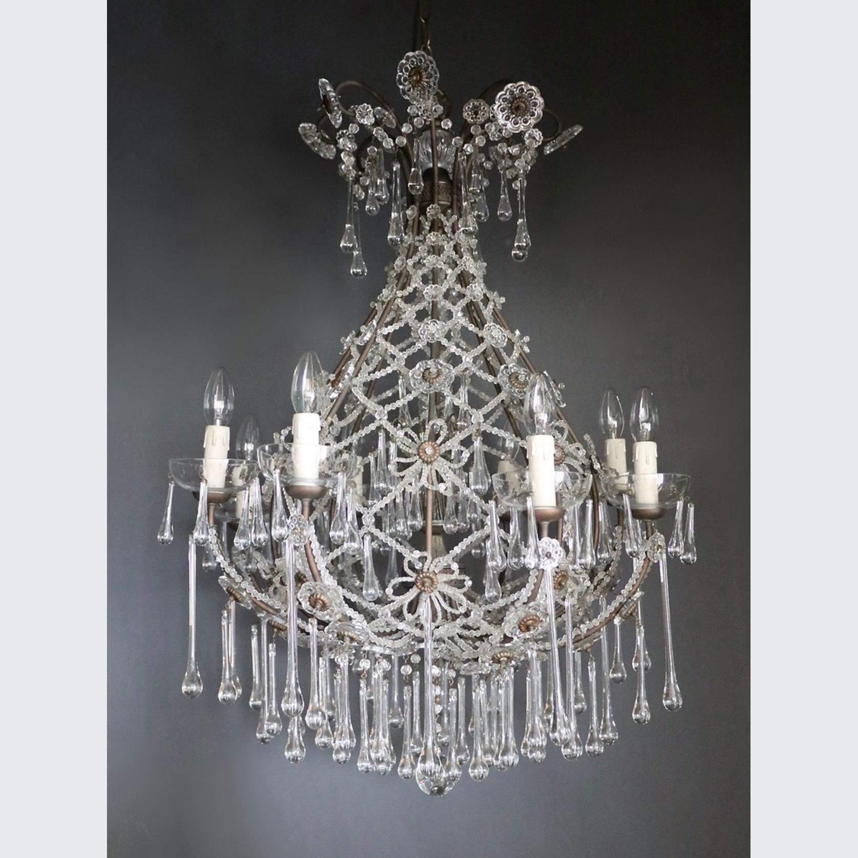 Antique French Crystal Glass Teardrop Chandelier gallery detail image