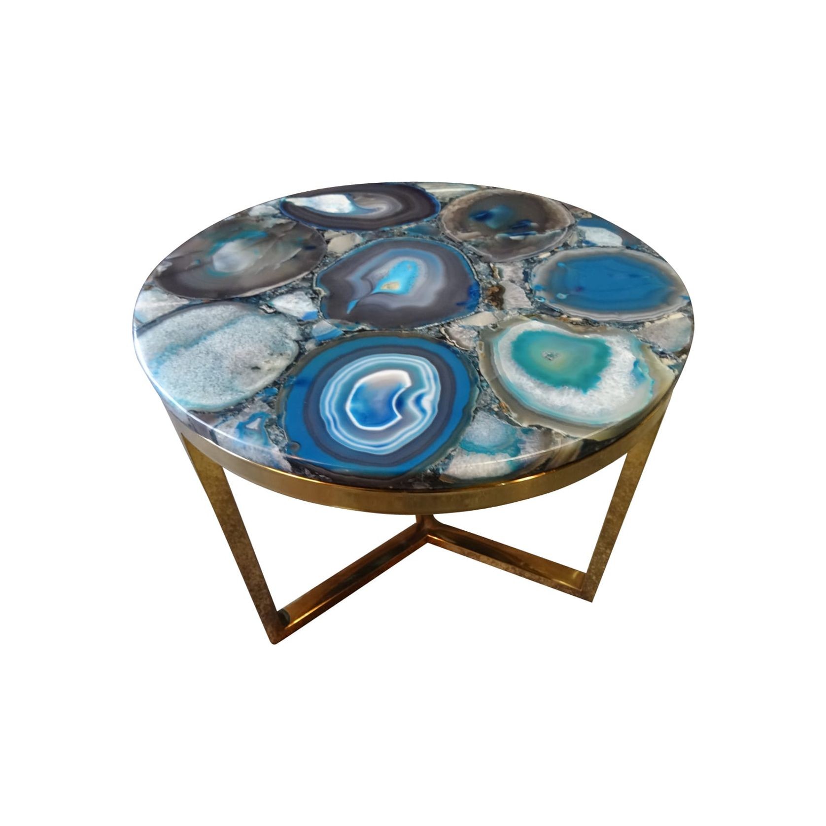 Azzure Teal Blue Agate Nestling Table with Gold Metal Frame gallery detail image