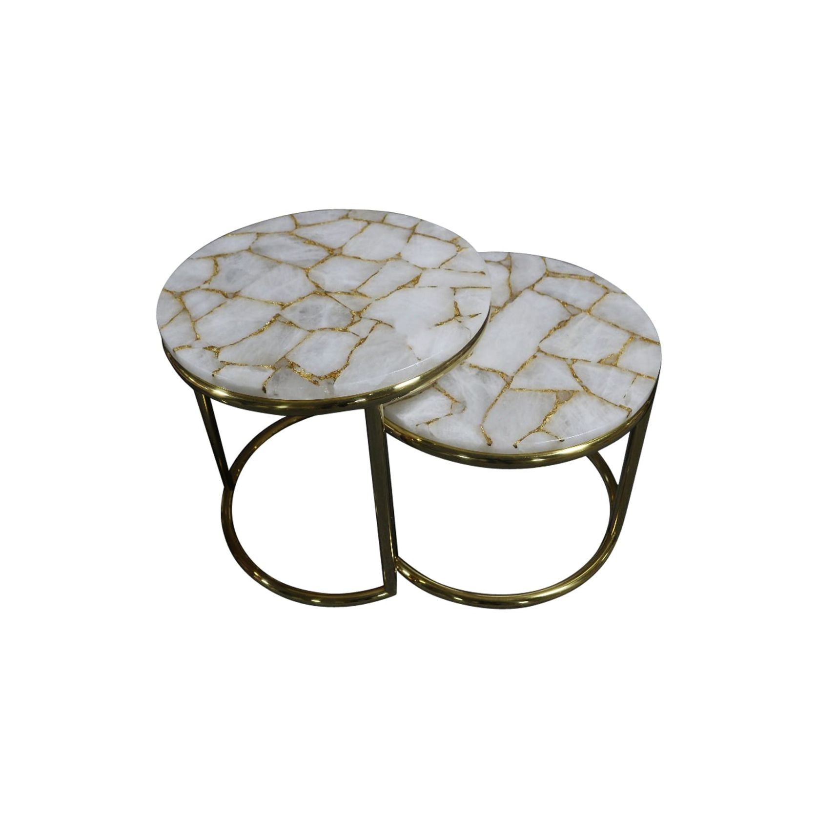 Infinity White Quartz and Gold Leaf Nestling Table Set with Gold Metal Frame gallery detail image