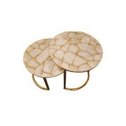 Infinity White Quartz and Gold Leaf Nestling Table Set with Gold Metal Frame gallery detail image