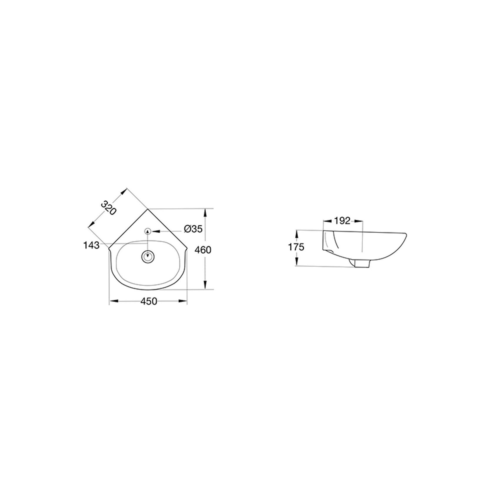 Studio 450 Corner Wall Basin - 1 Tap Hole Overflow - Inc Fixing Kit gallery detail image