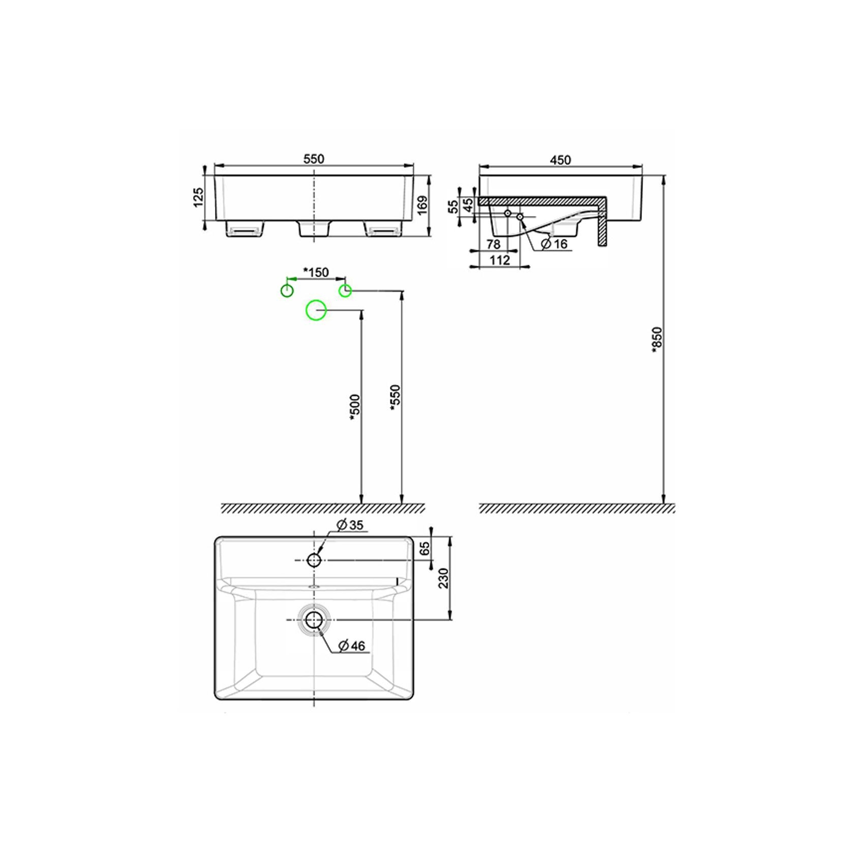 Acacia 550 SupaSleek Semi Recessed Basin - 1 Tap Hole - Overflow gallery detail image