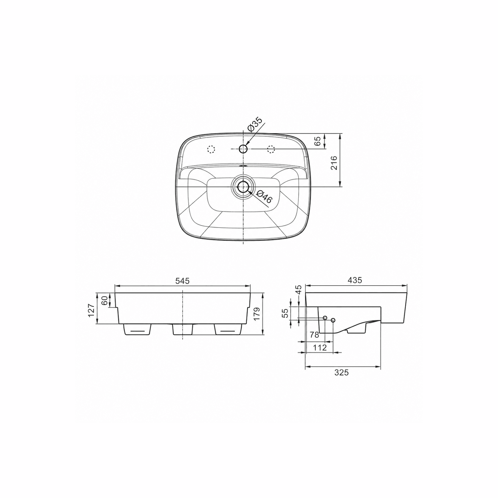 Signature 550 Semi Recessed Basin - 1 Tap Hole - Overflow gallery detail image