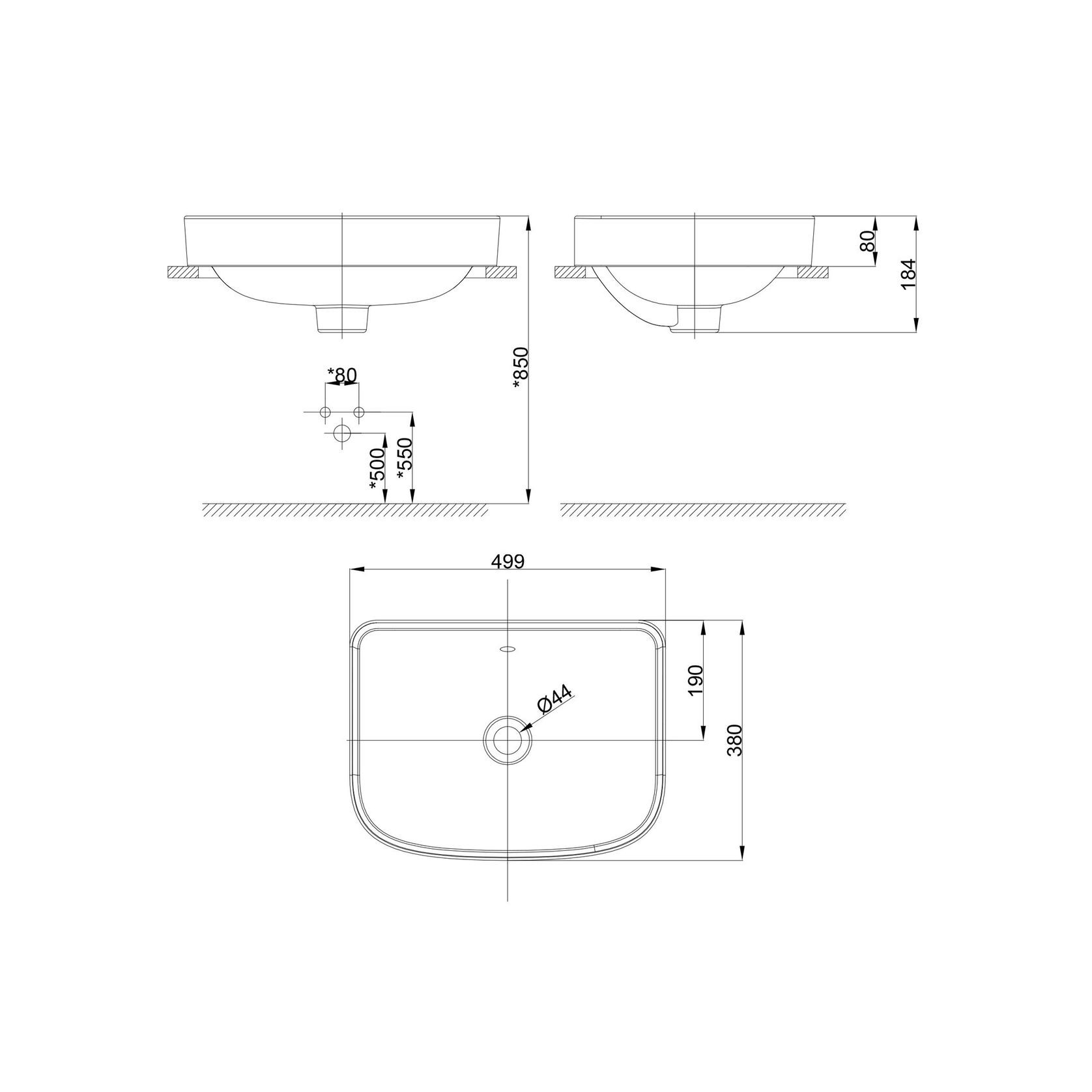 Loven 500 Semi Inset Basin - No Tap Hole - Overflow gallery detail image