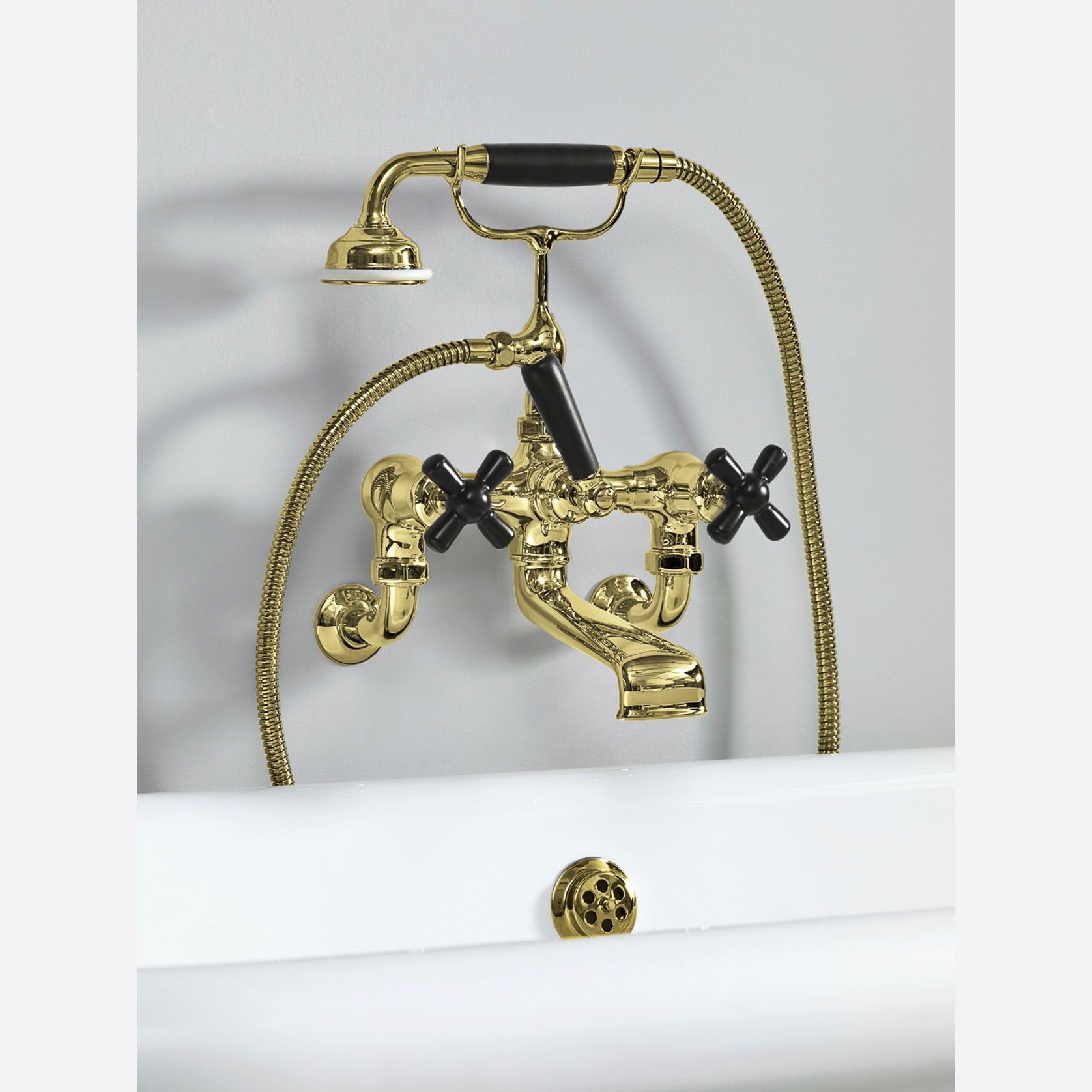 The Water Monopoly - Rockwell Wall-Mounted Bath Mixer With Handshower & Metal/Coloured Crosshead Taps gallery detail image