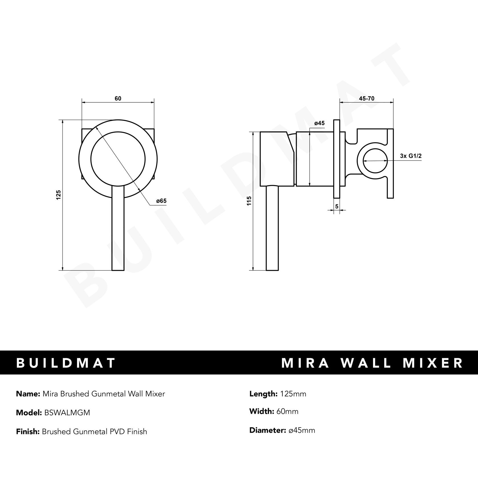 Mira Brushed Gunmetal Wall Mixer gallery detail image
