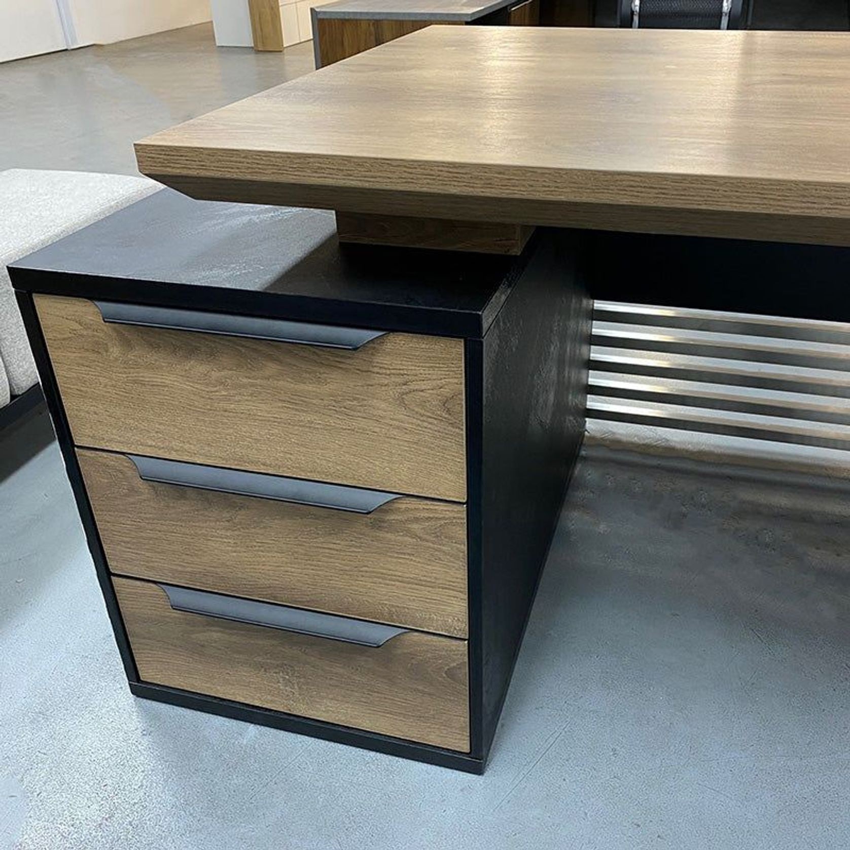 PHOENIX Sit & Stand Electric Lift Executive Desk with Right Return 2.2M - Warm Oak & Black gallery detail image