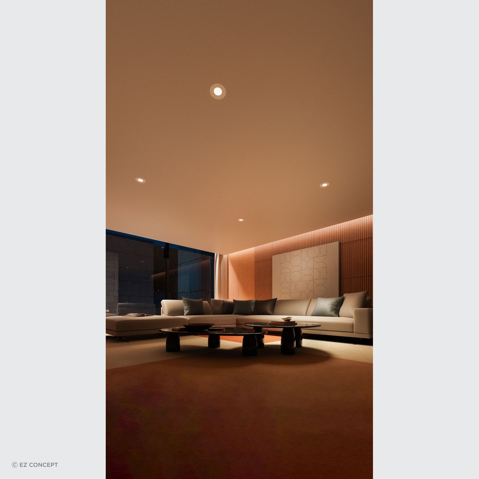 EzyPelmet with LED Integration and FastCap with LED integration in a modern, warmly lit room