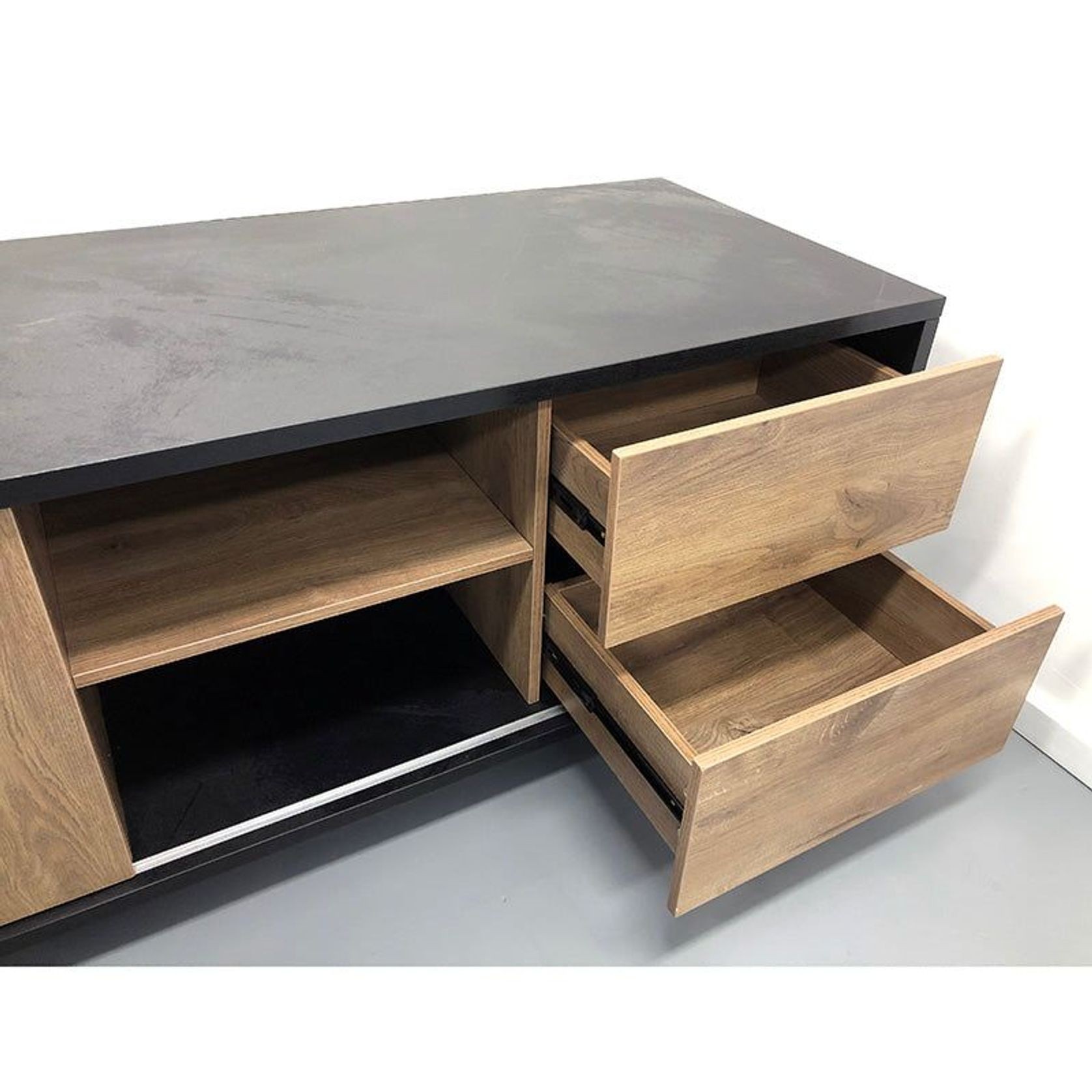 EASTON Executive Desk with Right Return 2.2-2.4m - Warm Oak & Black gallery detail image