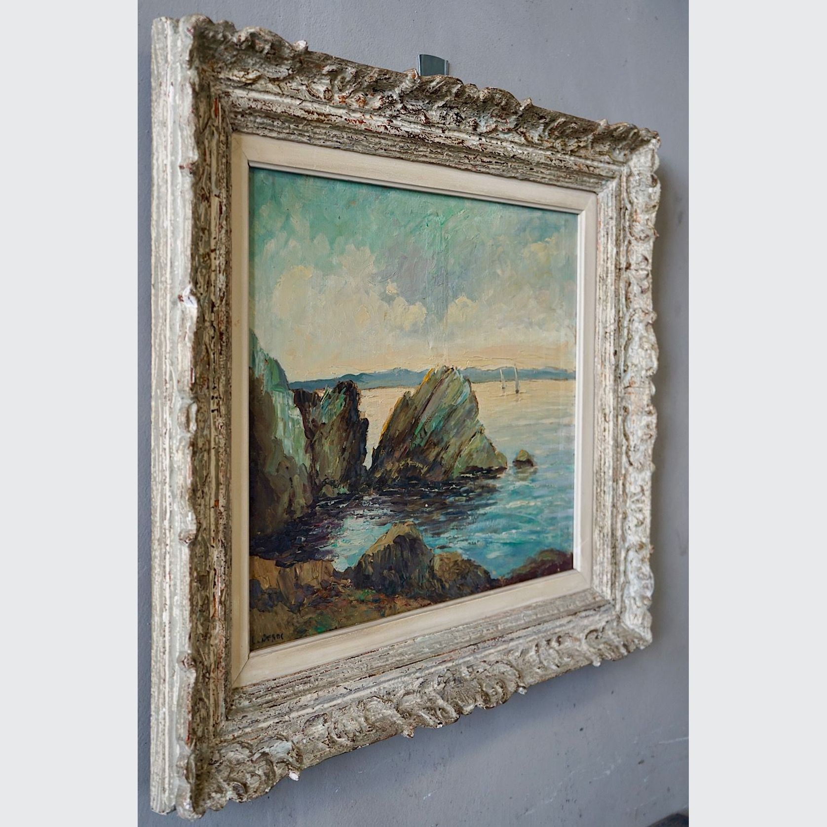 Antique Oil Painting of a French Coastal Scene gallery detail image