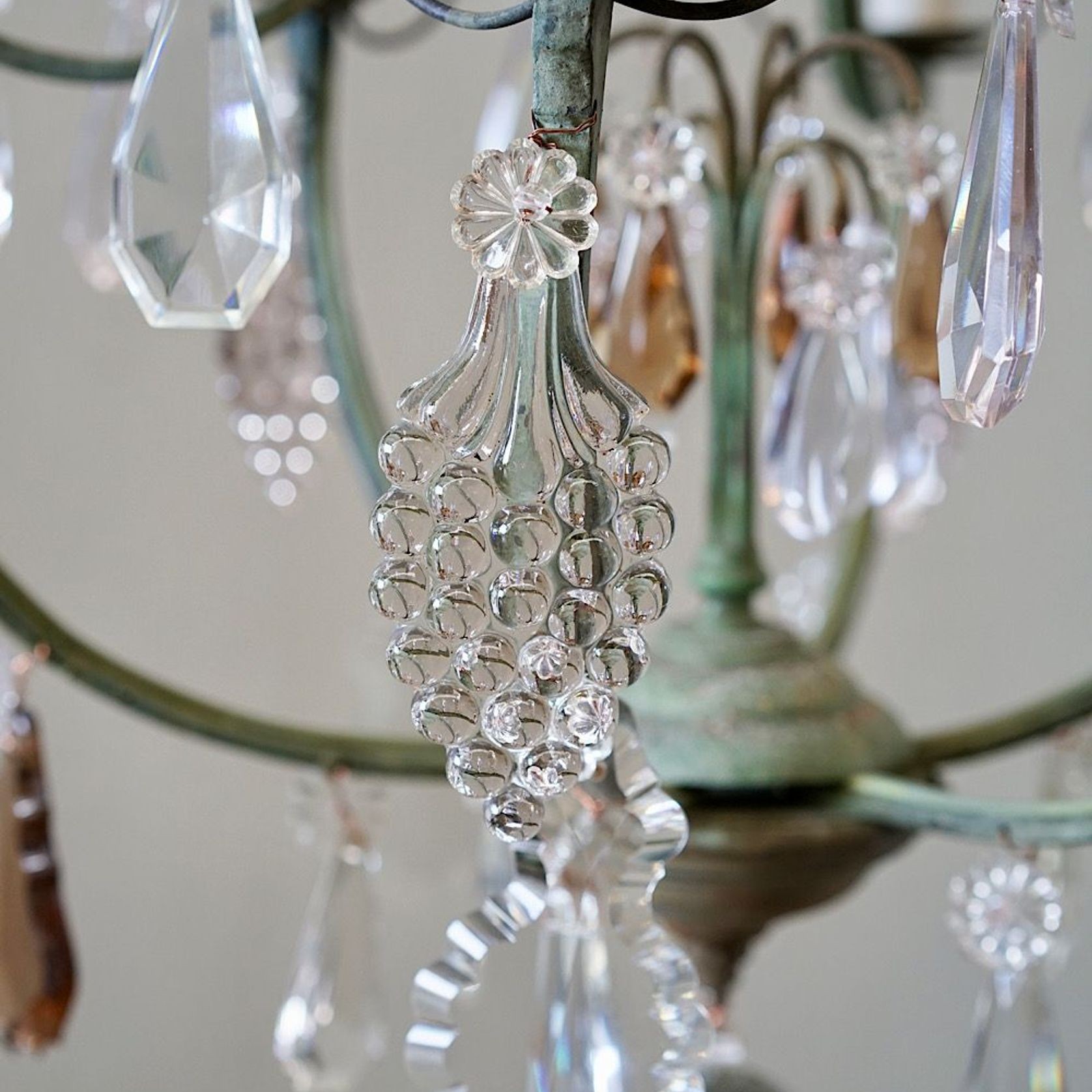 French Antique Verdigris Brass & Glass Chandelier gallery detail image