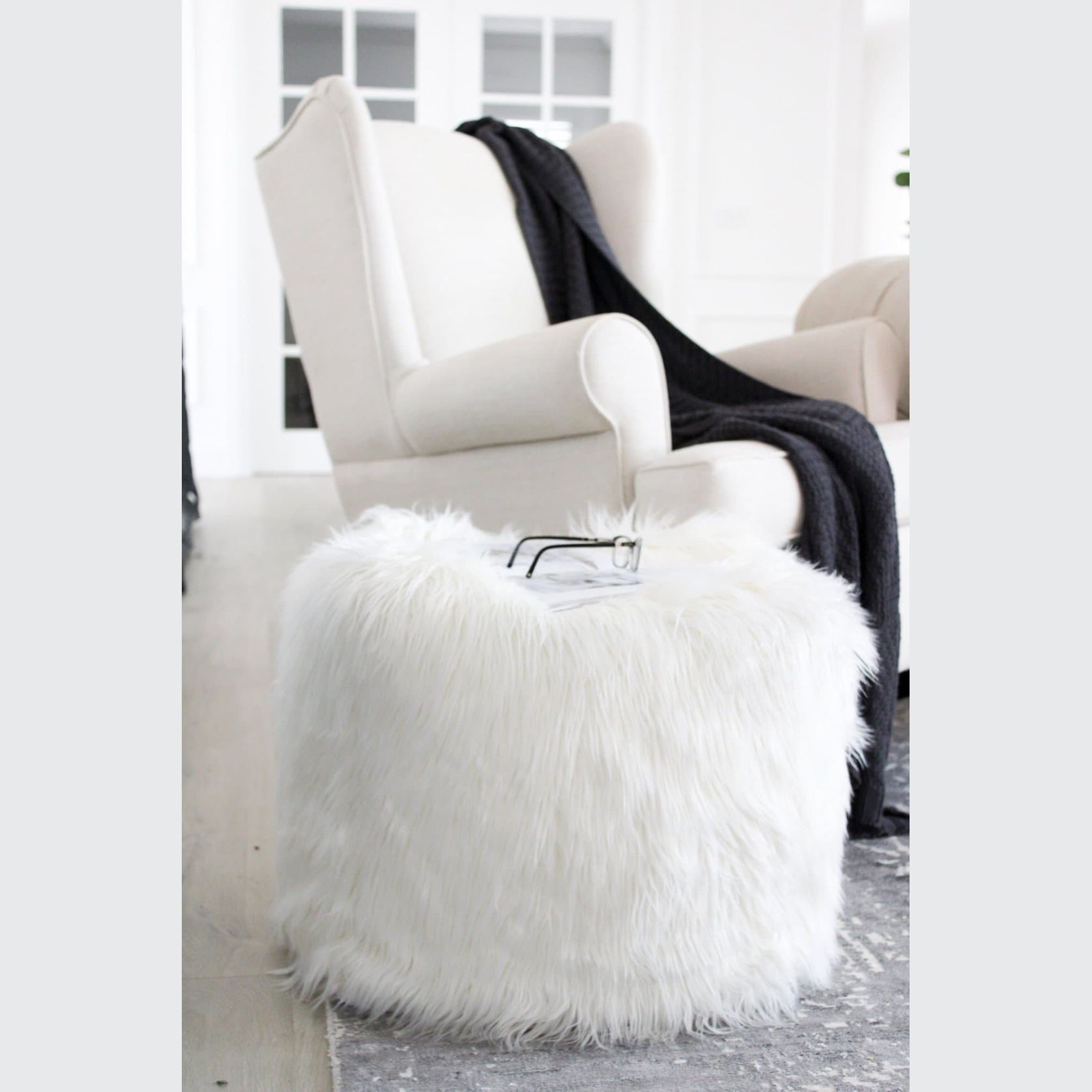 Fur Pouf Ottoman Stool - White gallery detail image
