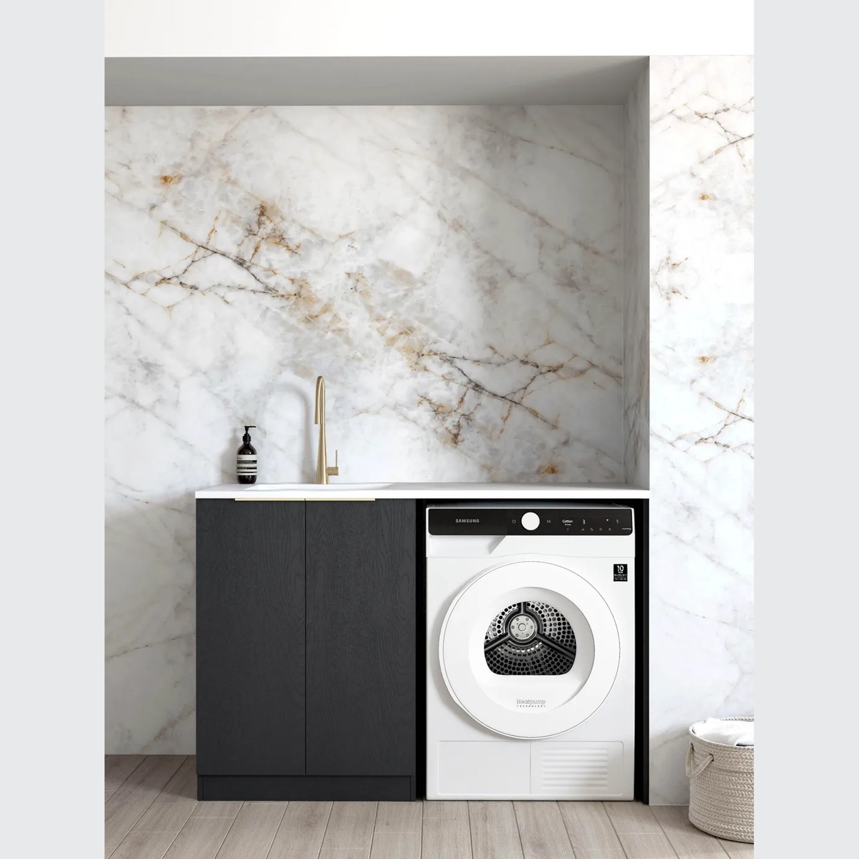 Otti Byron Black Oak 1300mm Base Laundry Cabinet With Stone Top & Sink gallery detail image