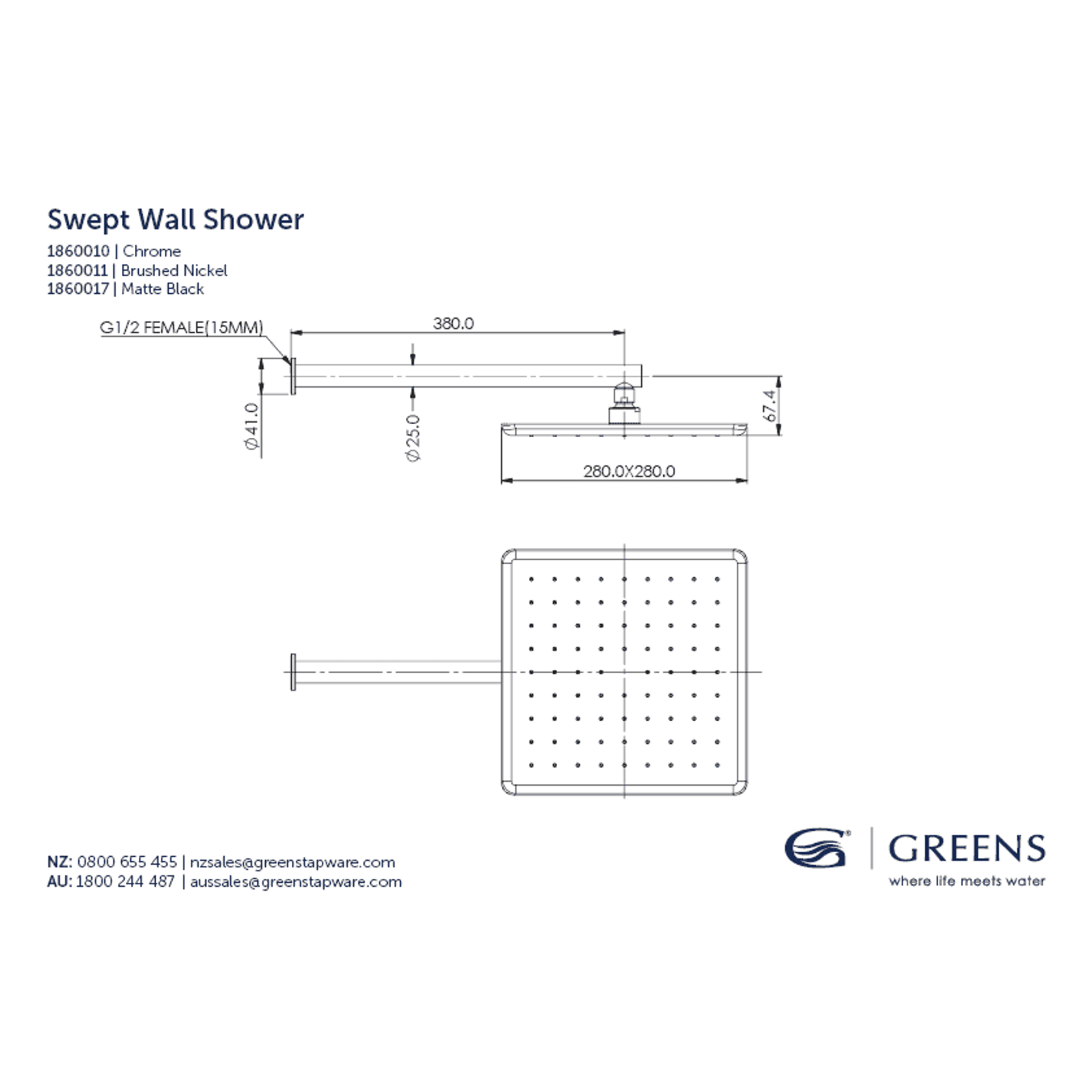 Swept Overhead Wall Shower gallery detail image
