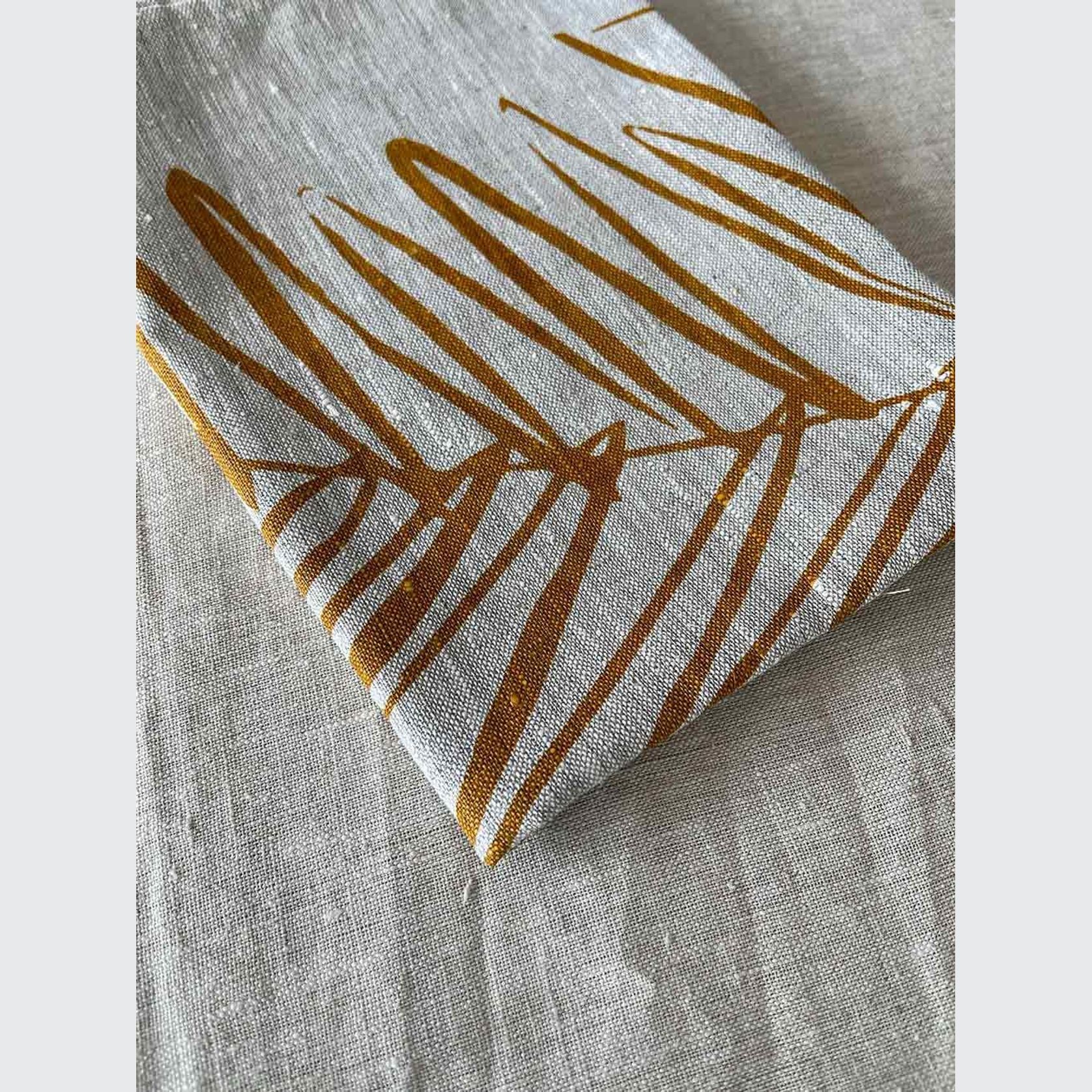 Hand-printed 100% Linen Tea Towel - Leaf, Mustard gallery detail image