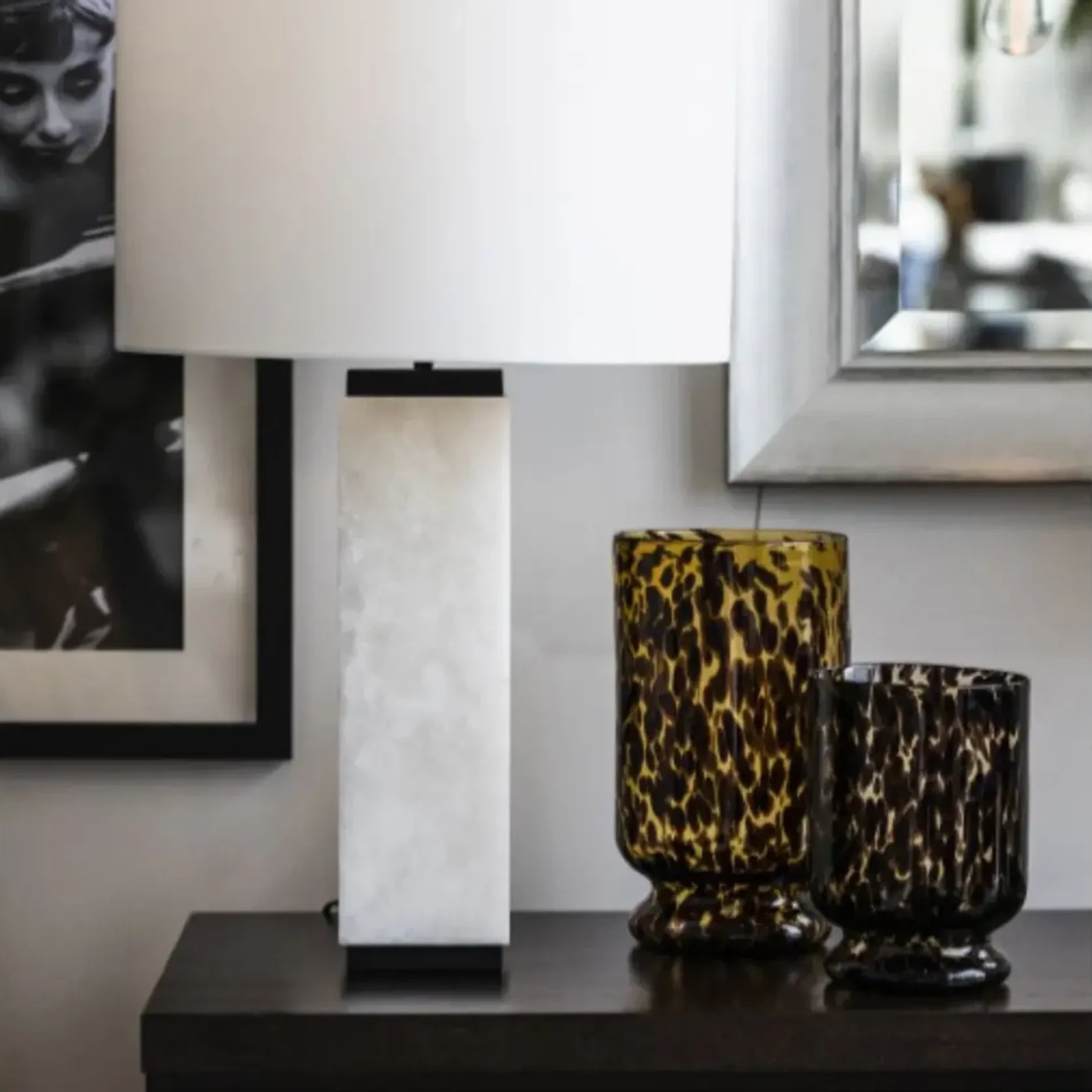 Milano Table Lamp - Alabaster & Black Base With White Chintz Shade gallery detail image