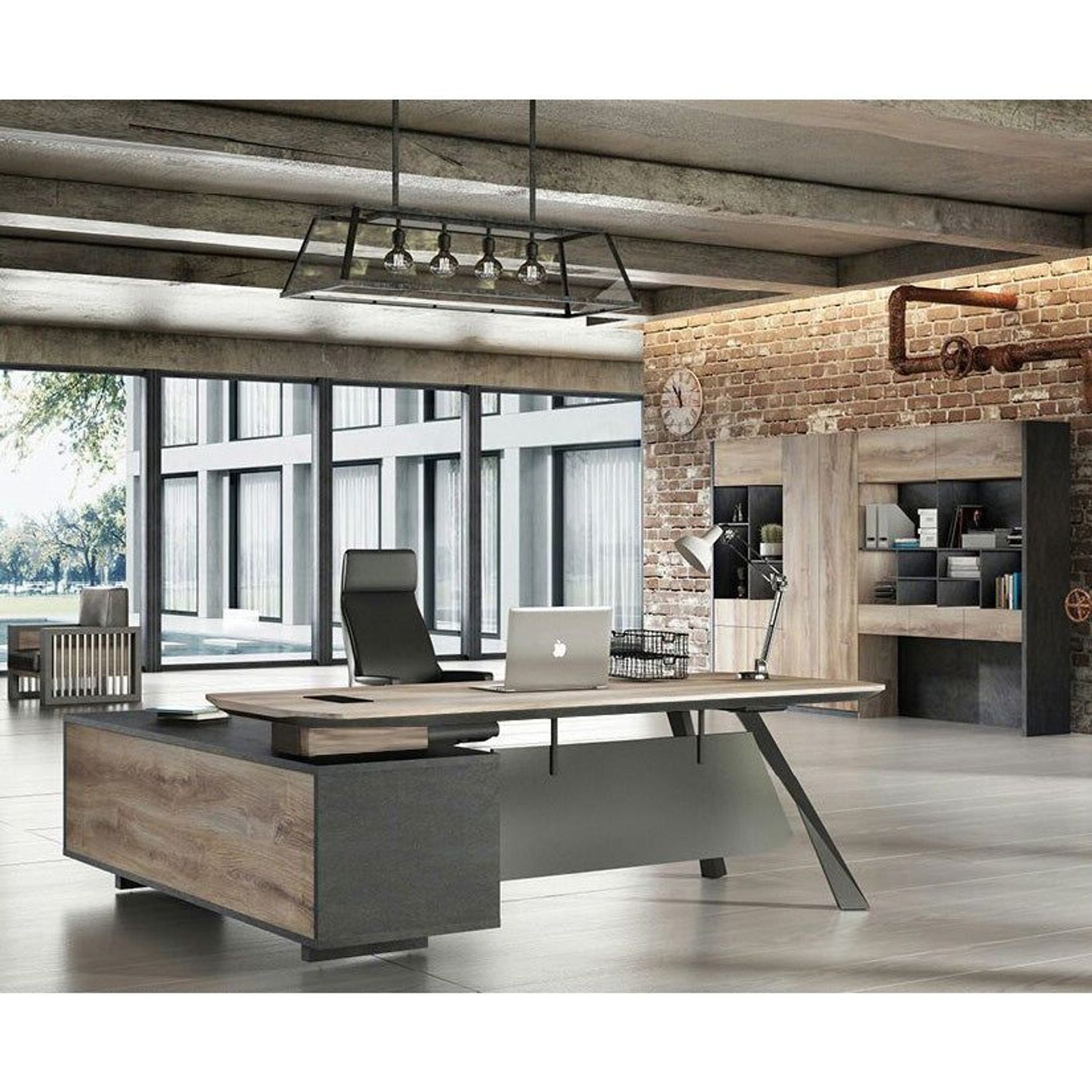 EASTON Executive Desk with Right Return 2.2-2.4m - Warm Oak & Black gallery detail image