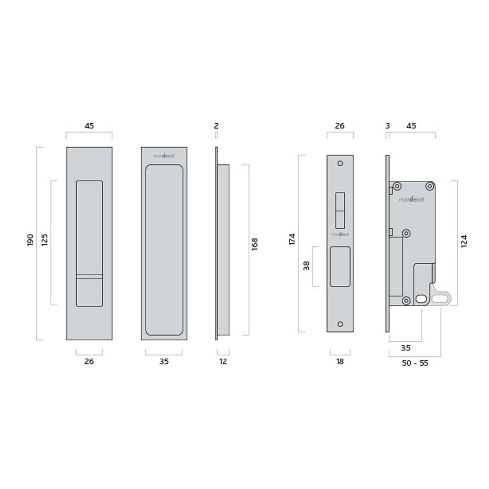 Mardeco 'M' Series Flush Pull Privacy Set Satin Chrome for Sliding Doors SC8004SET gallery detail image