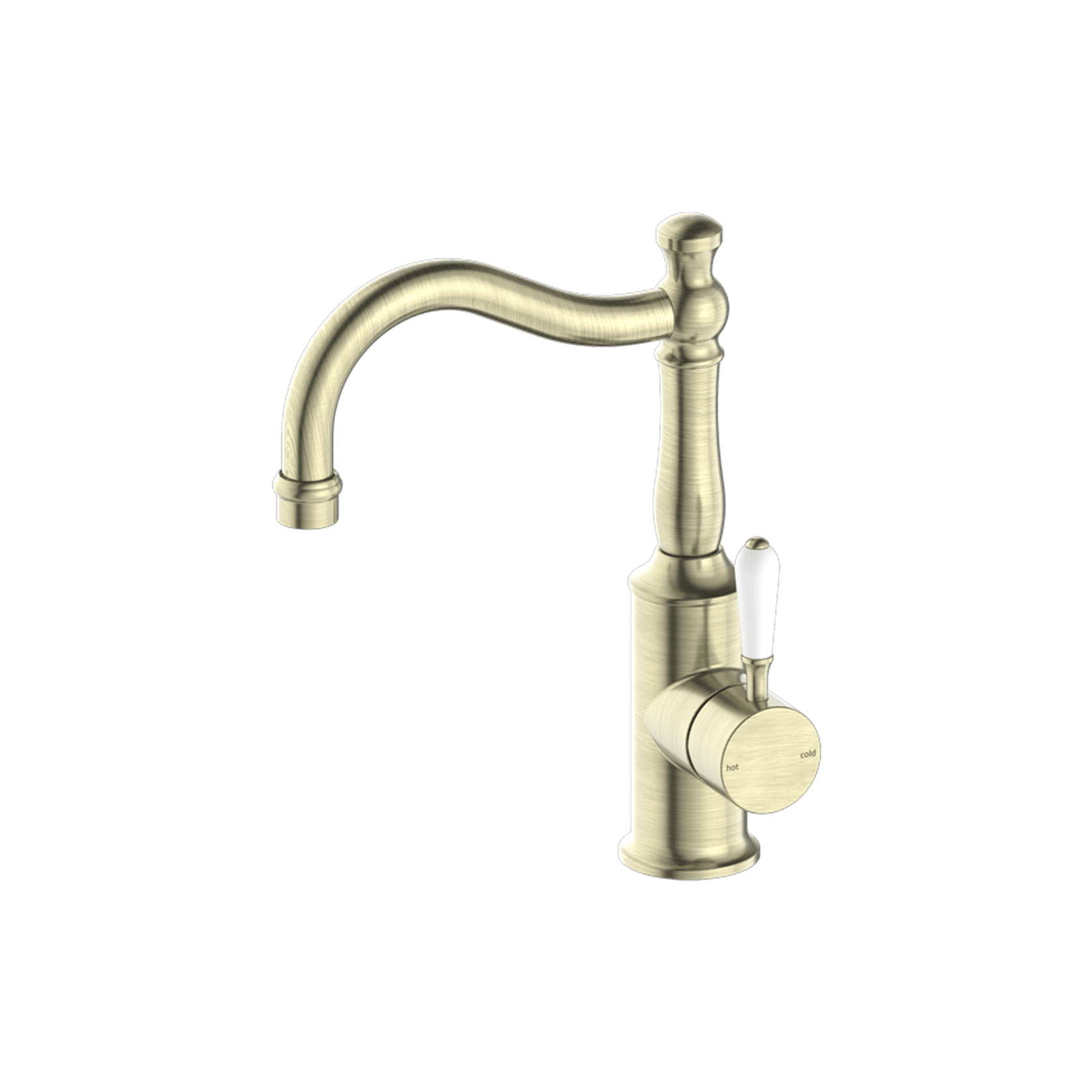 York Basin Mixer Hook Spout With White Porcelain Lever Aged Brass gallery detail image