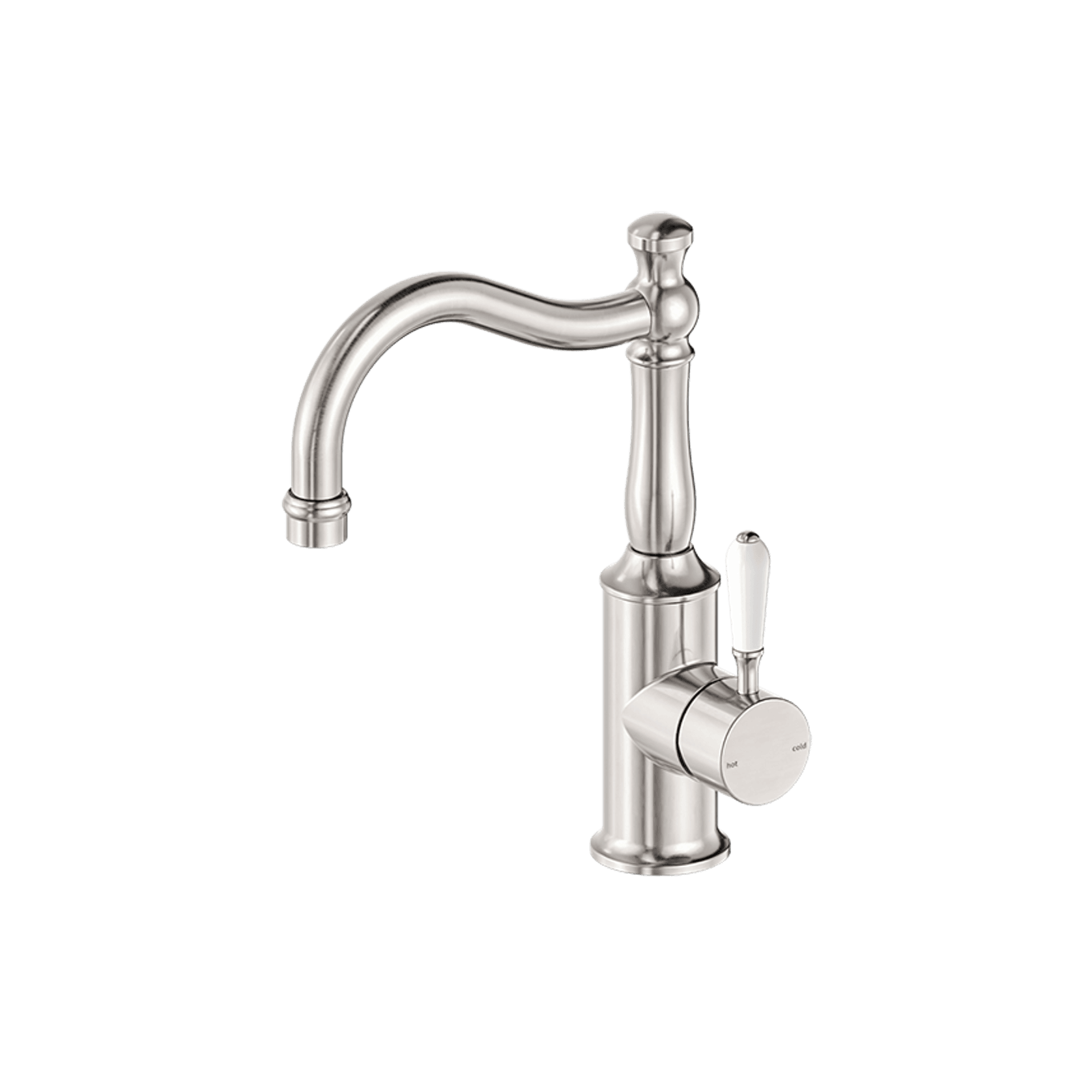 York Basin Mixer Hook Spout With White Porcelain Lever Brushed Nickel gallery detail image