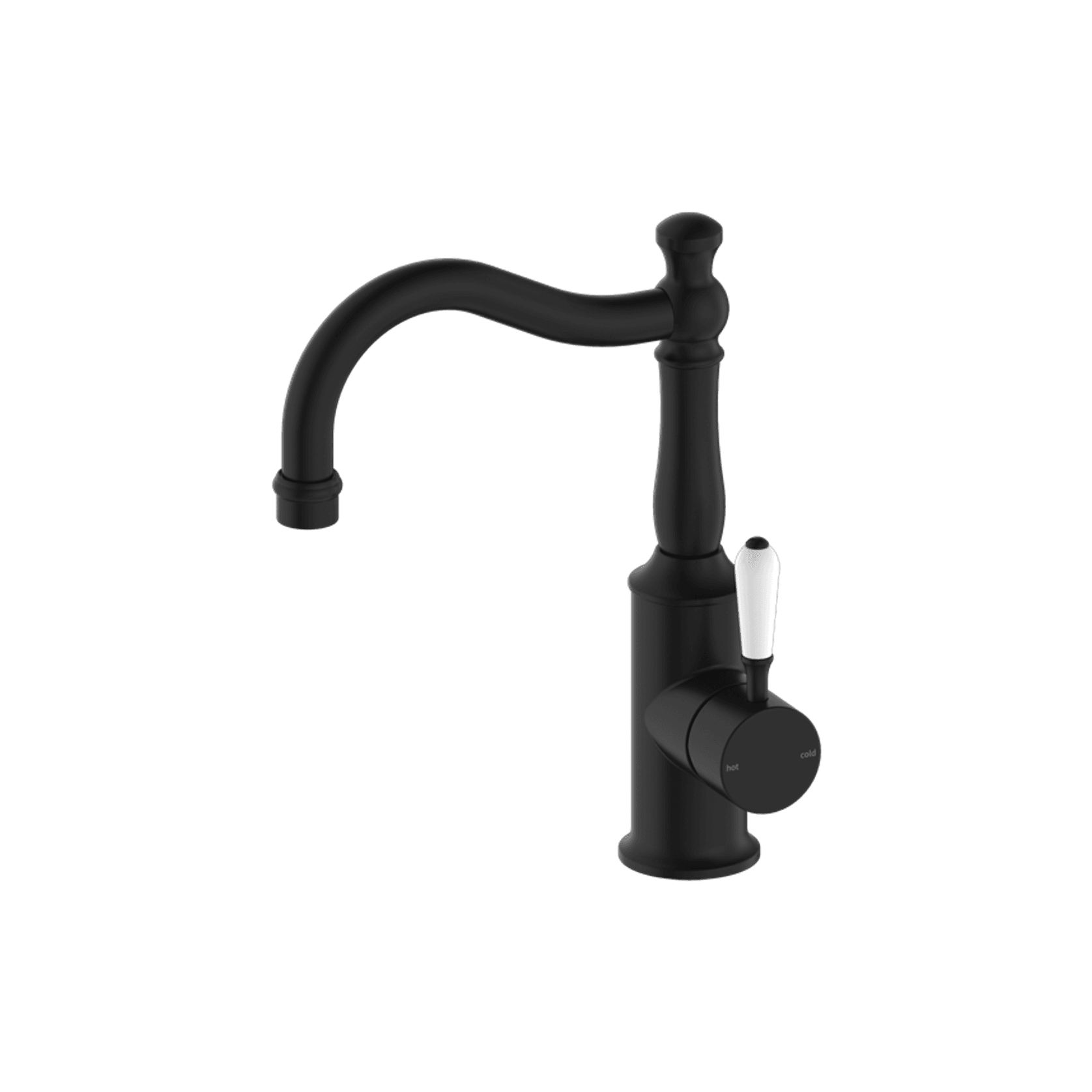 York Basin Mixer Hook Spout With White Porcelain Lever Matte Black gallery detail image