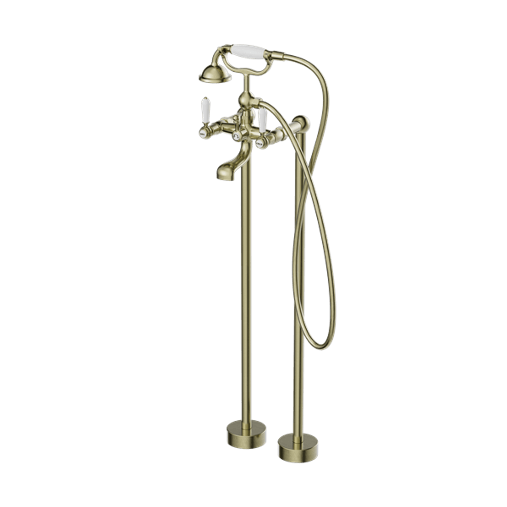 York Freestanding Bath Set With White Porcelain Hand Shower Aged Brass gallery detail image