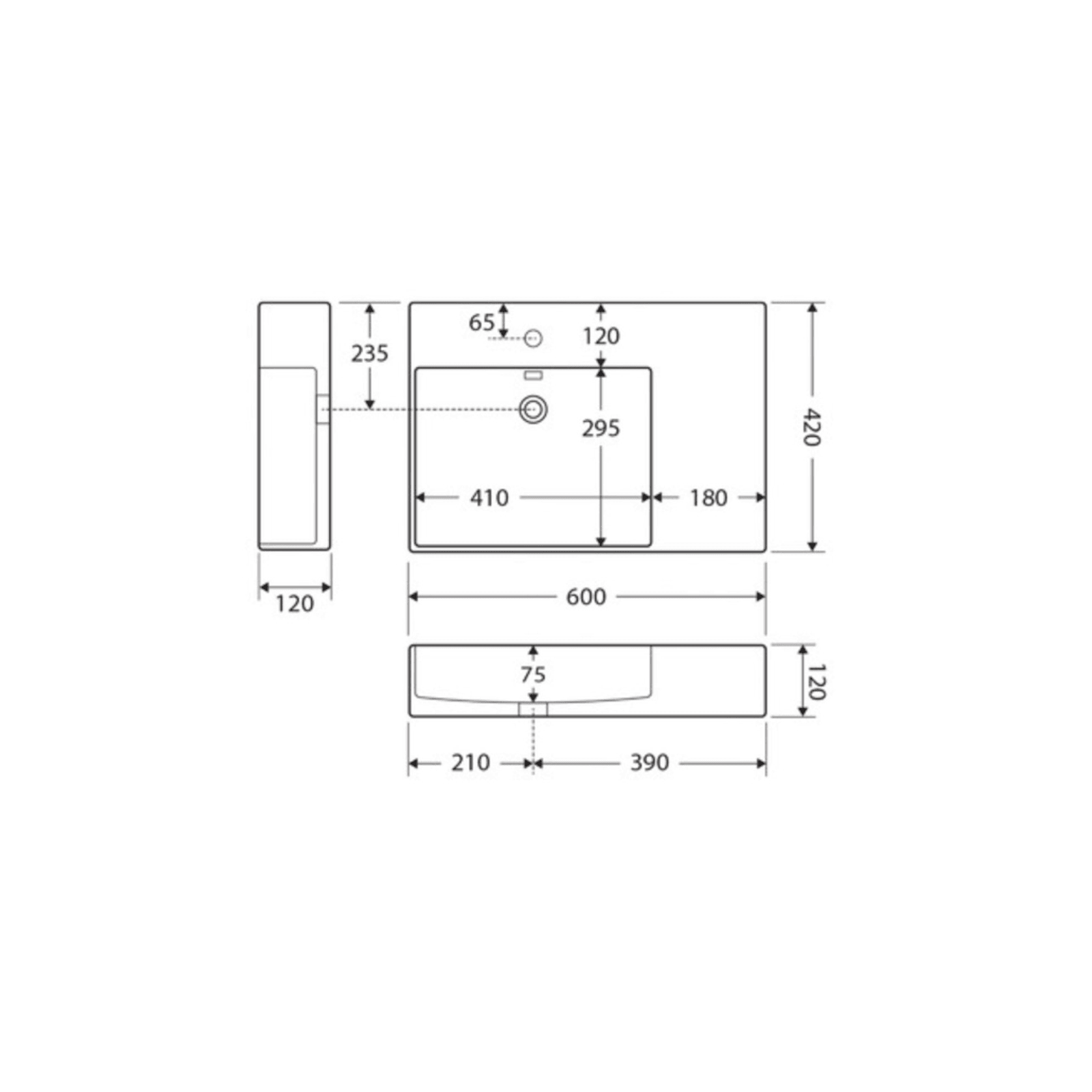 Riviera Ceramic Wall Hung Shelf Basin With Overflow 1TH Right Hand Bowl