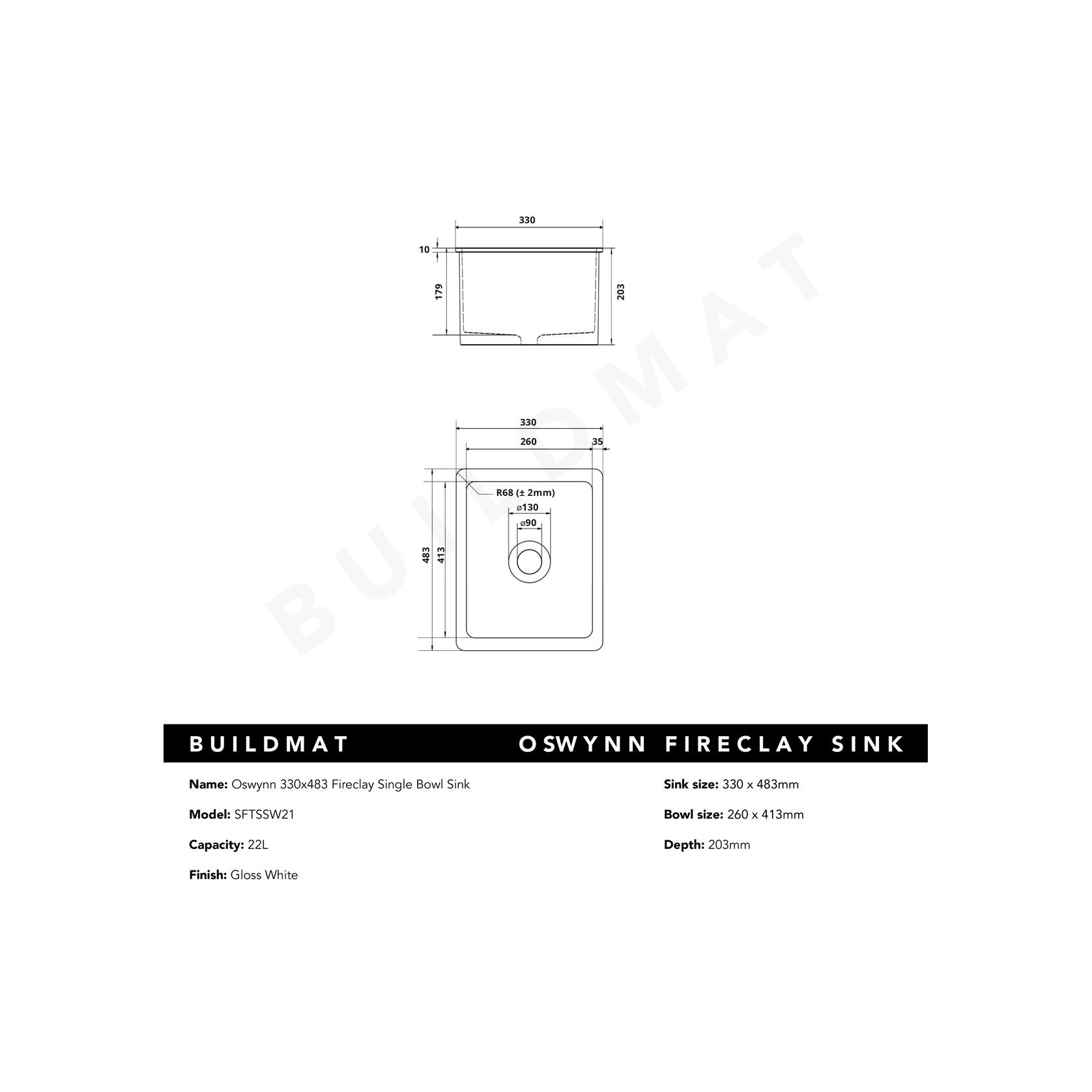 Oswynn 330x483 Gloss White Fireclay Single Bowl Sink gallery detail image