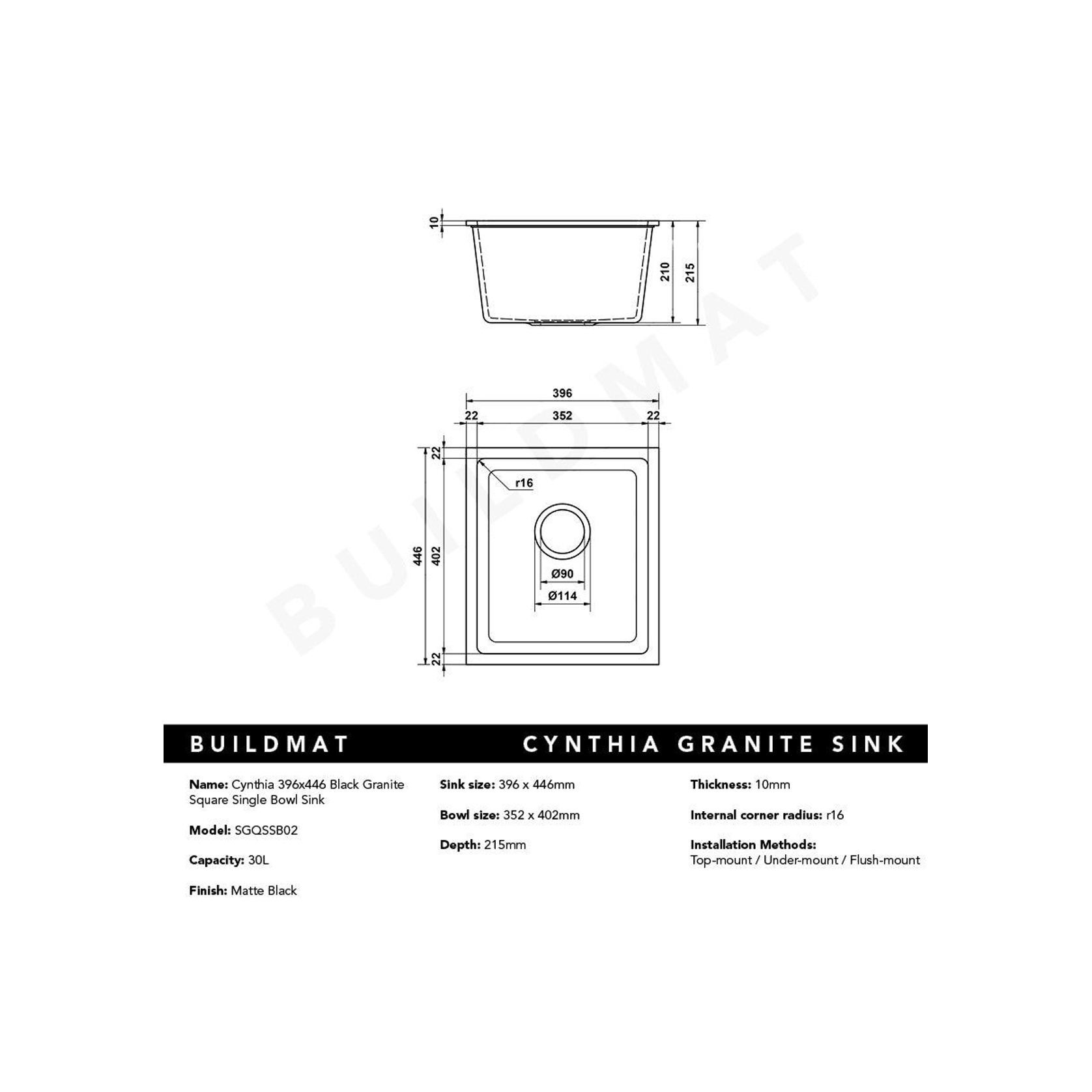 Cynthia 396x446 Black Granite Single Bowl Sink gallery detail image