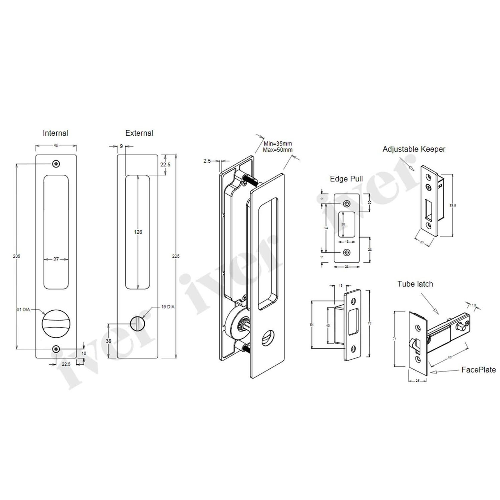 Iver Rectangular Flush Pull Privacy Set Matt Black for Sliding Doors 21413P *Pair* gallery detail image