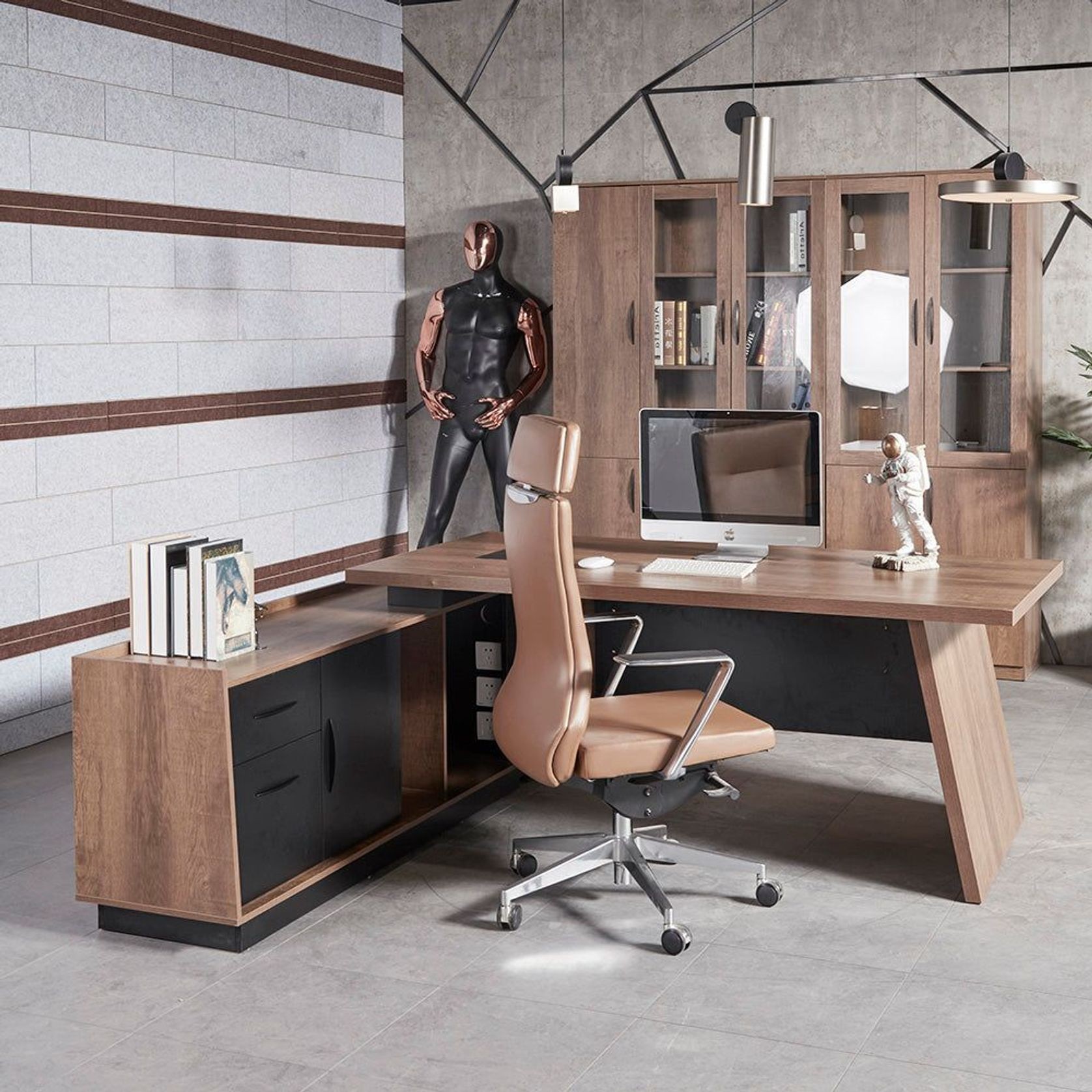 SUTTON Executive Desk with Left Return 180-200cm - Warm Oak & Black gallery detail image