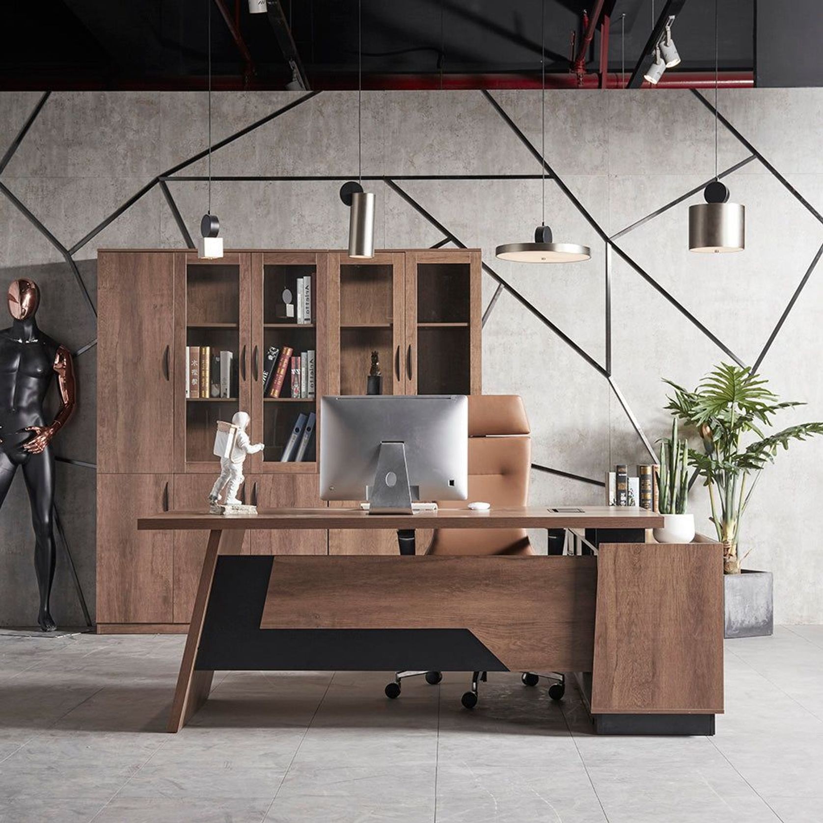 SUTTON Executive Desk with Left Return 180-200cm - Warm Oak & Black gallery detail image