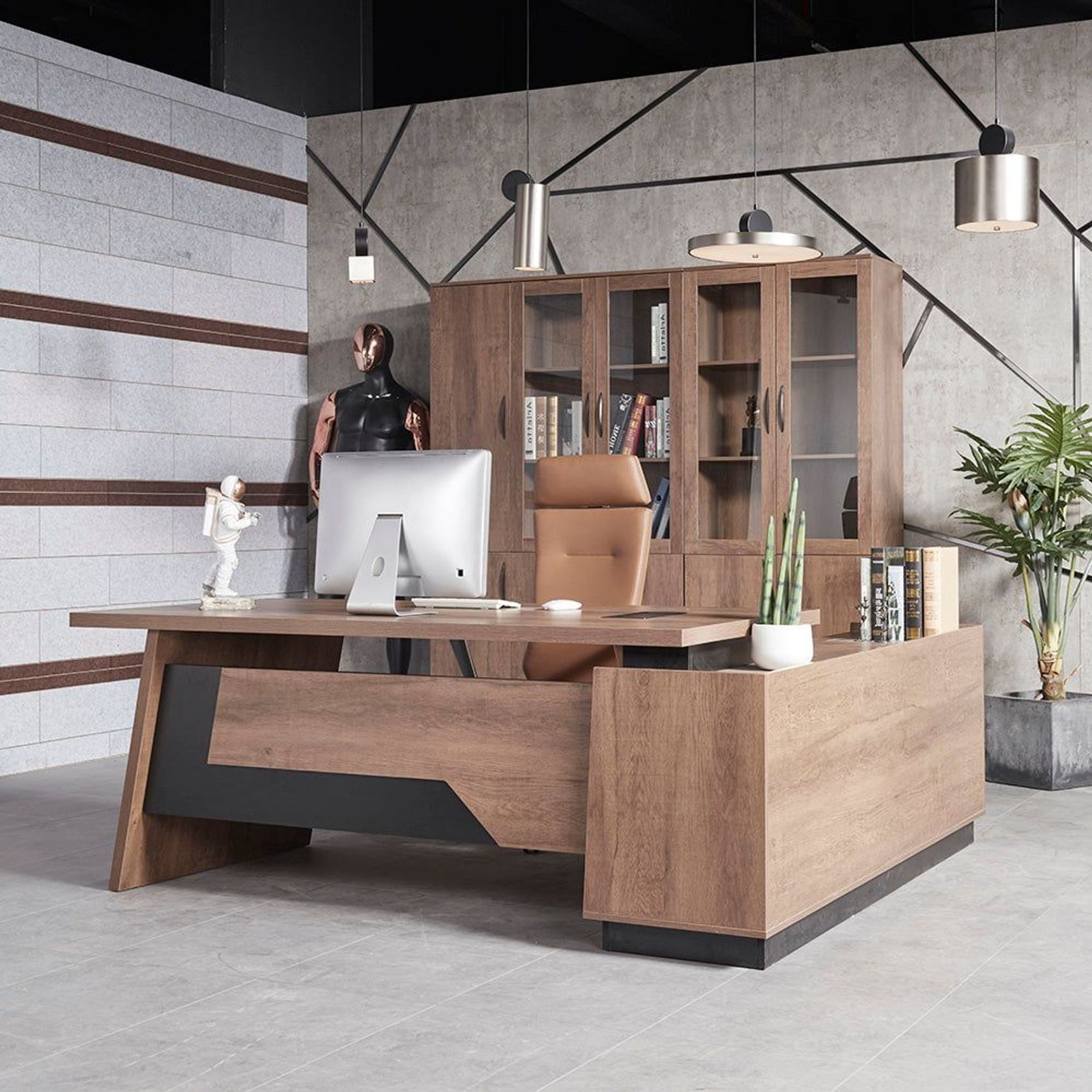SUTTON Executive Desk with Left Return 180-200cm - Warm Oak & Black gallery detail image