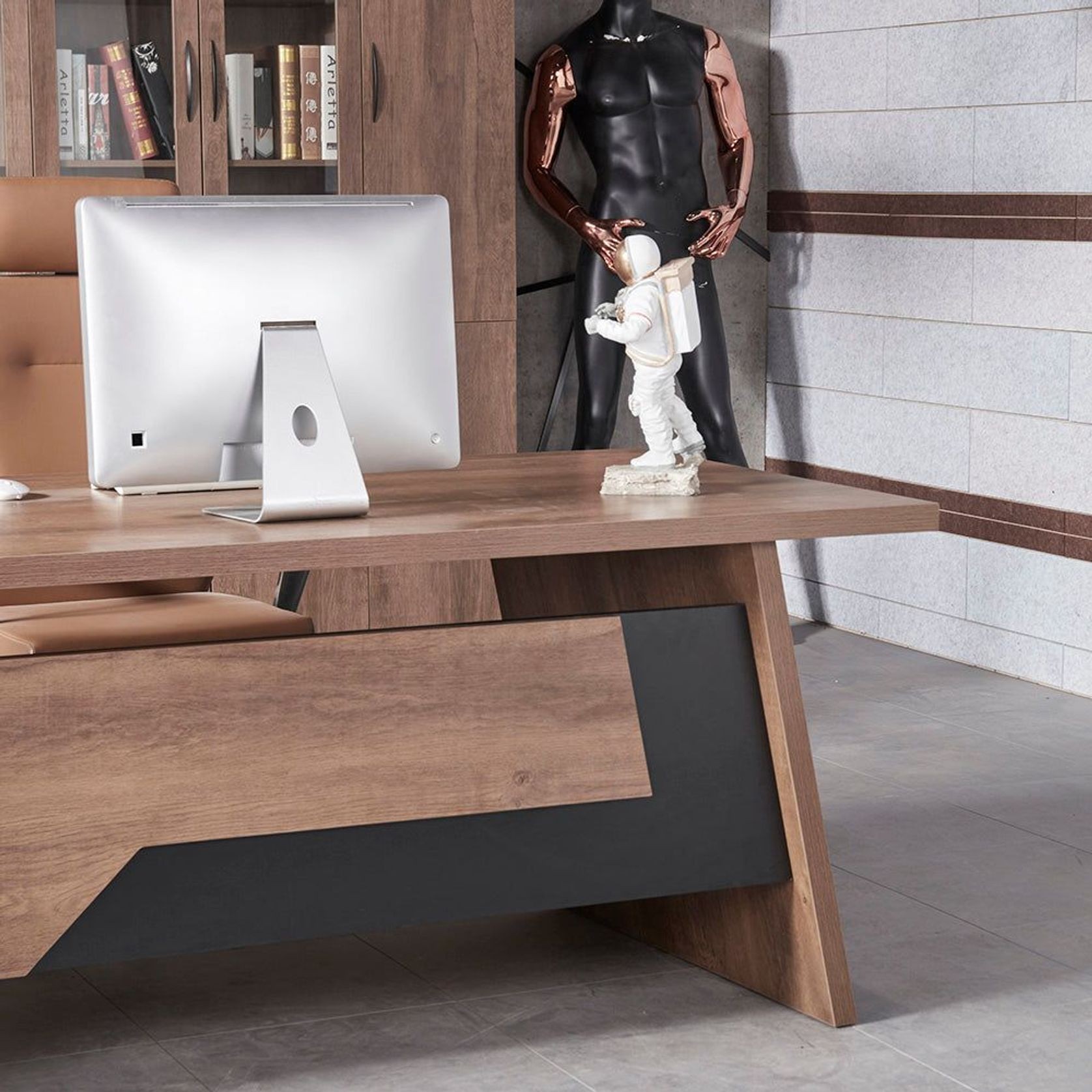SUTTON Executive Desk with Left Return 180-200cm - Warm Oak & Black gallery detail image