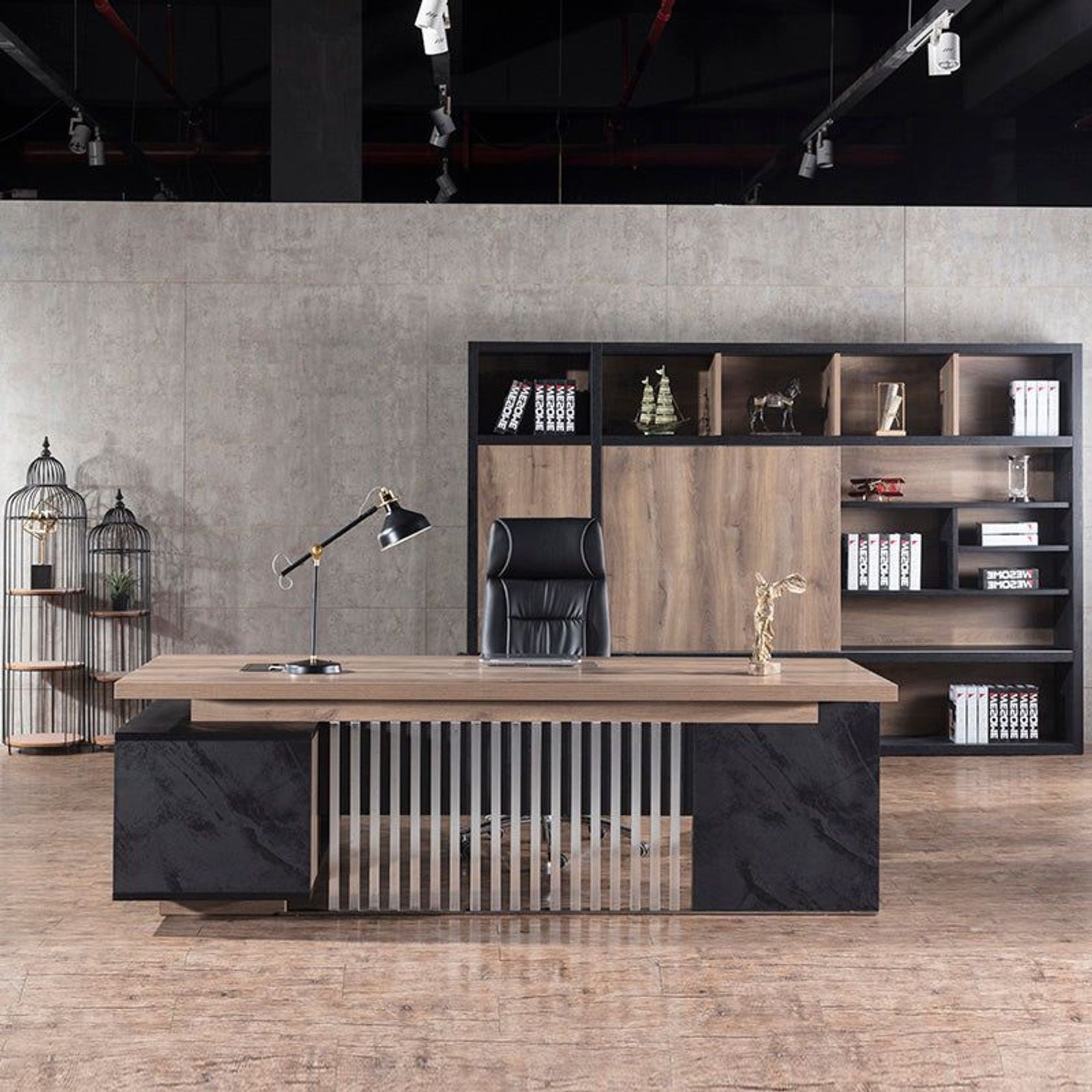 DAXTON Executive Desk with Right Return 2.4M - Warm Oak & Black gallery detail image