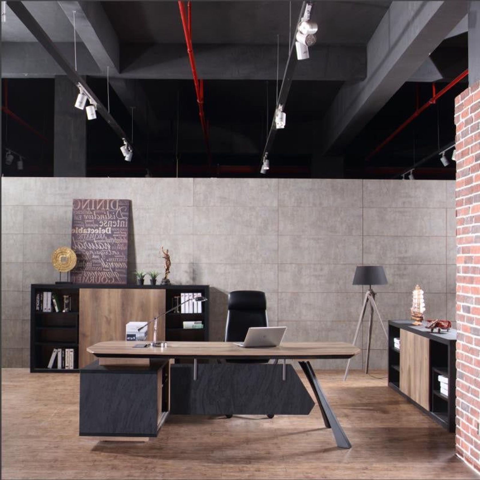 EASTON Executive Desk with Right Return 2.2-2.4m - Warm Oak & Black gallery detail image