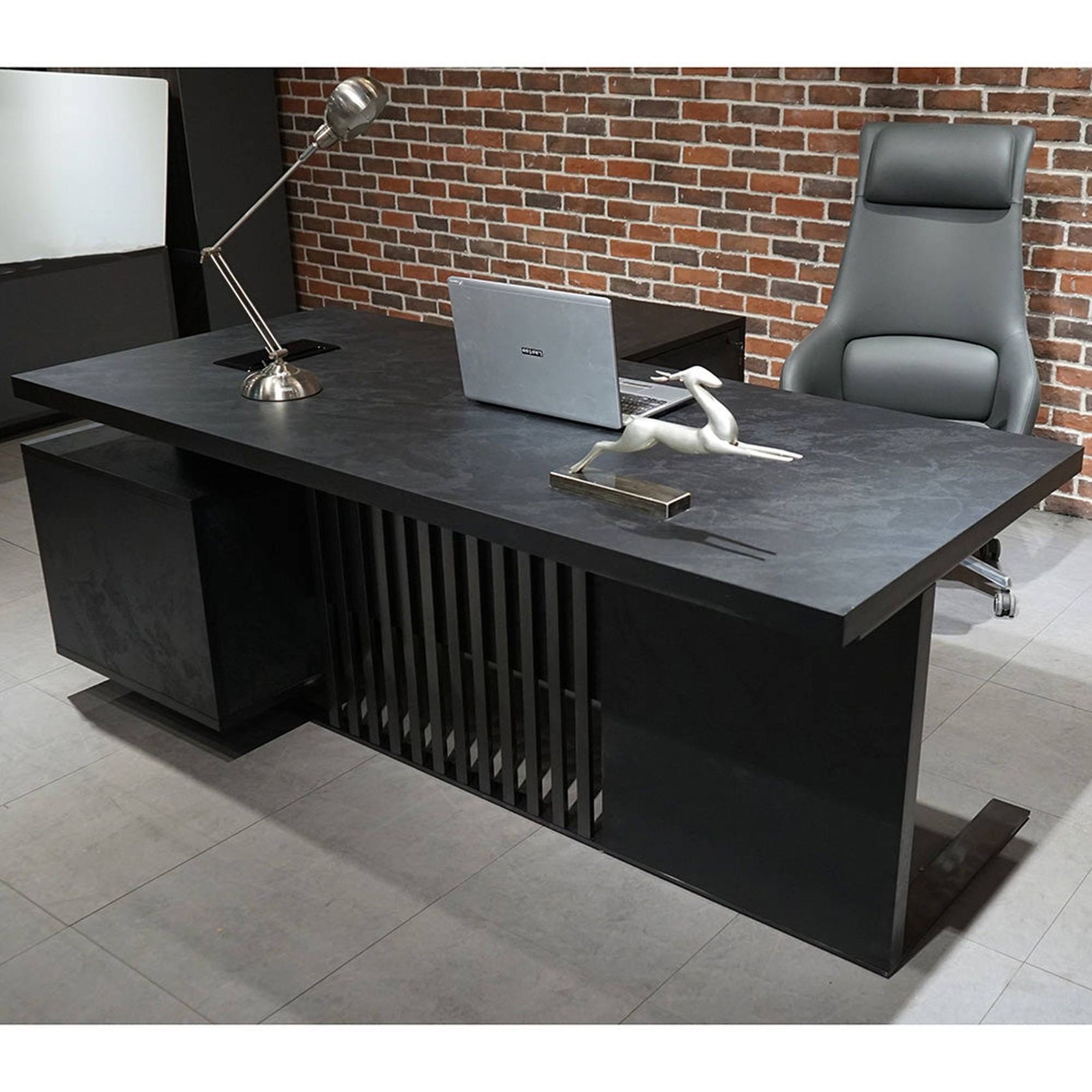 DAXTON Black Executive Desk with Right Return 2.4M - Black Concrete gallery detail image