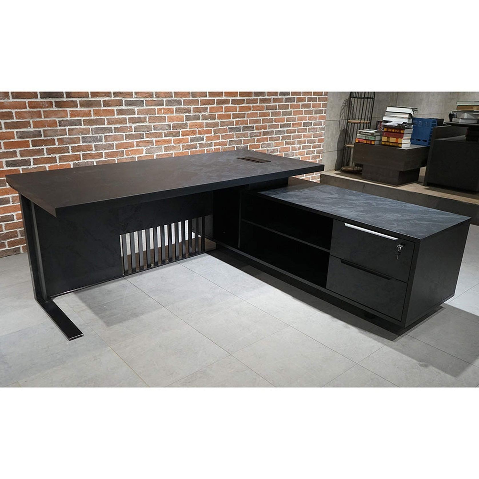 DAXTON Black Executive Desk with Right Return 2.4M - Black Concrete gallery detail image
