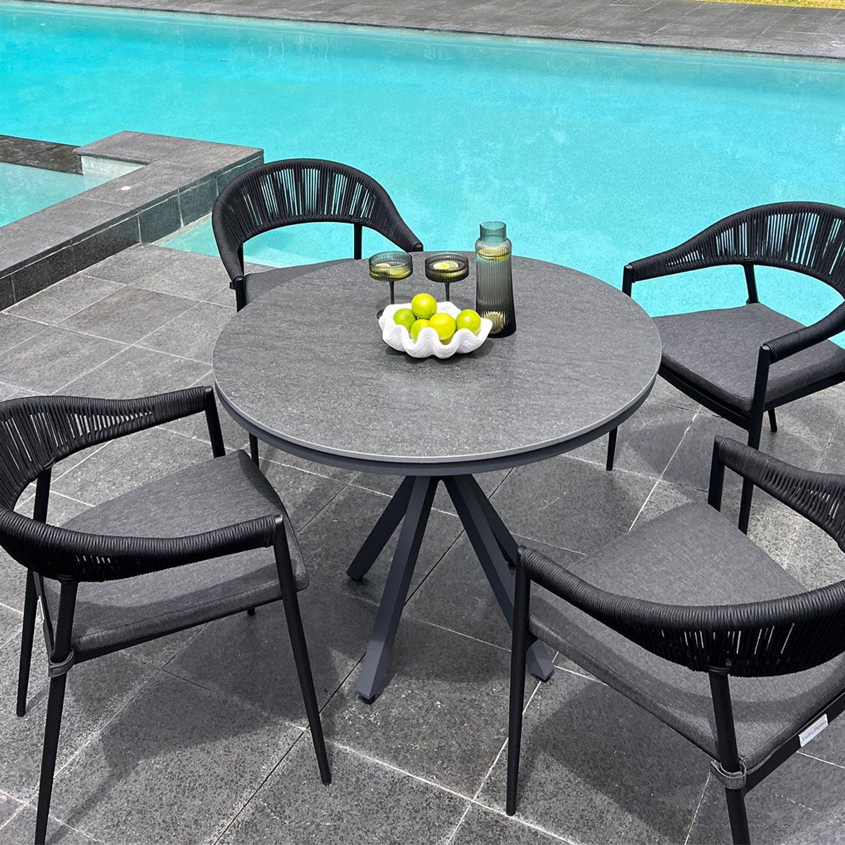 Adele Round Ceramic Table With Nivala Chairs 5pc Outdoor Dining Setting