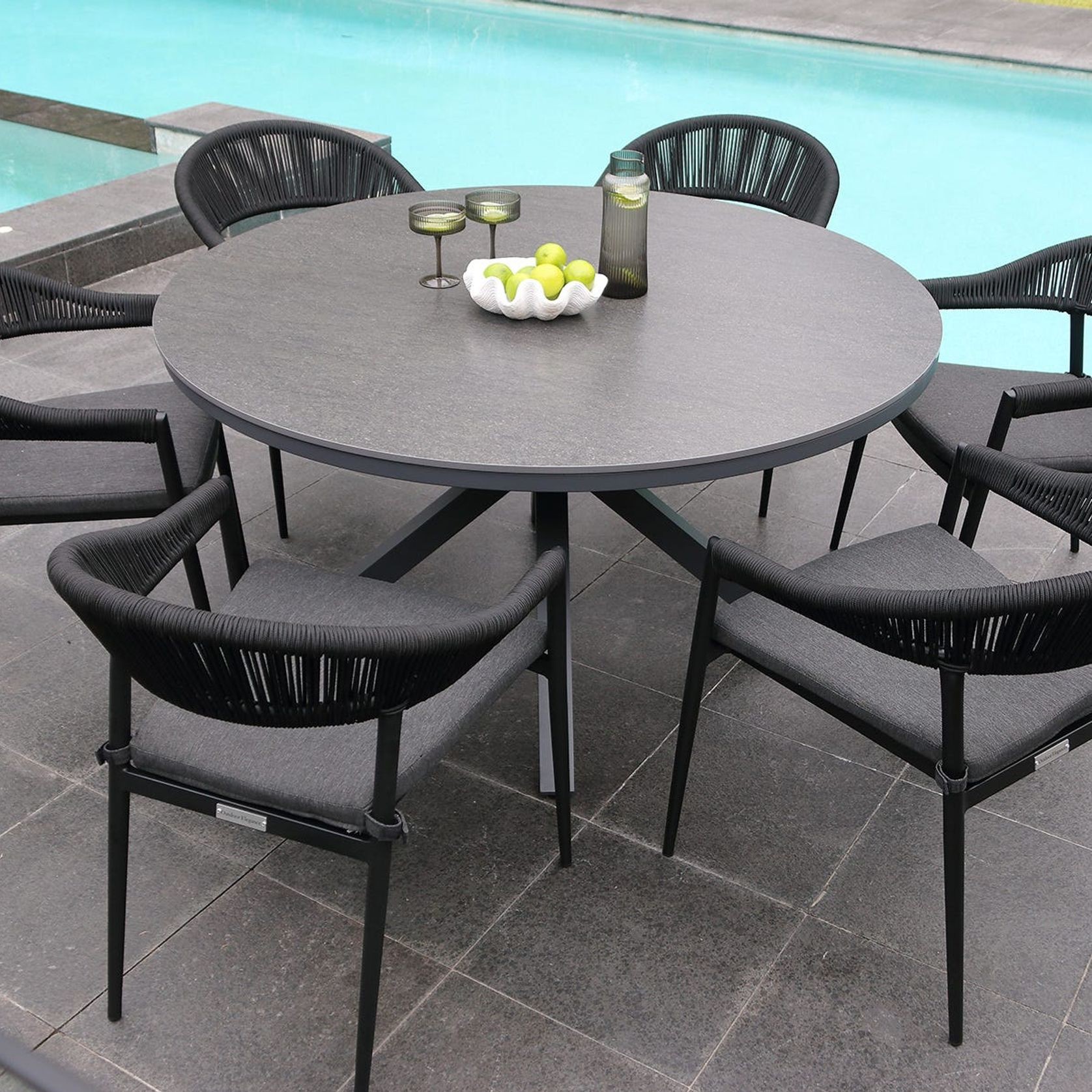 Adele Round Ceramic Table With Nivala Chairs 7pc Outdoor Dining Setting gallery detail image