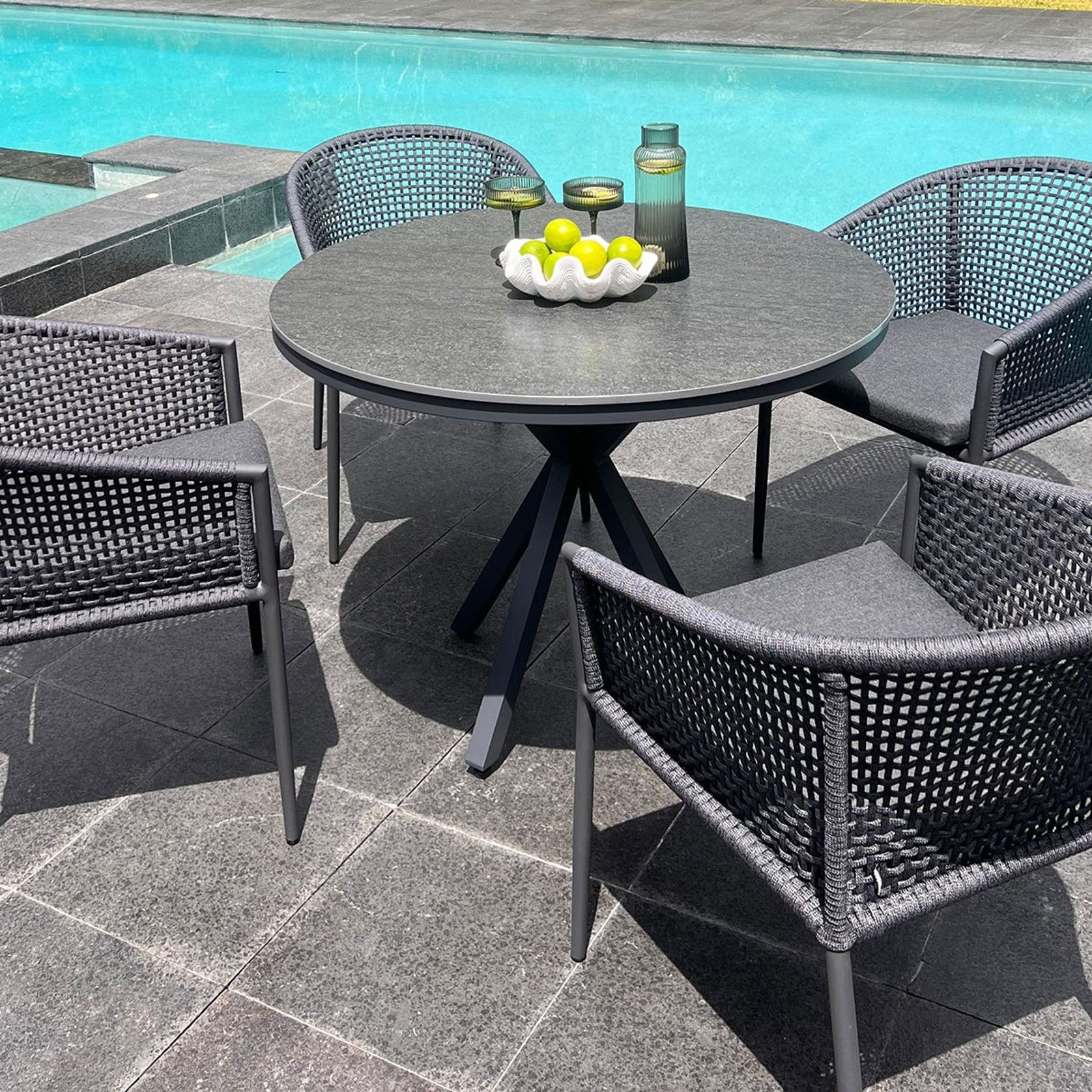 Adele Round Ceramic Table With Safara Chairs 5pc Outdoor Dining Setting gallery detail image