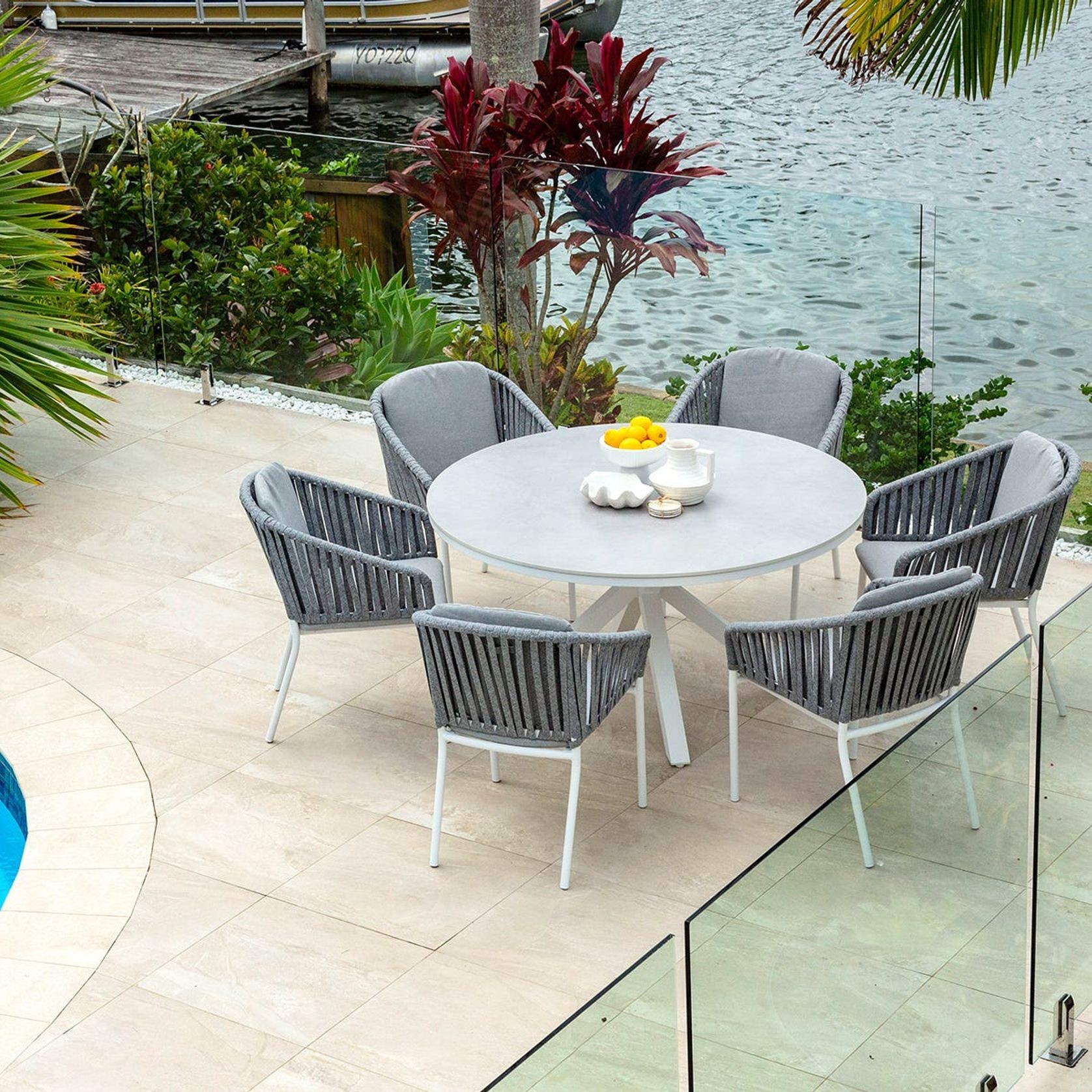 Adele Round Ceramic Table With Melang Chairs 7pc Outdoor Dining Setting gallery detail image