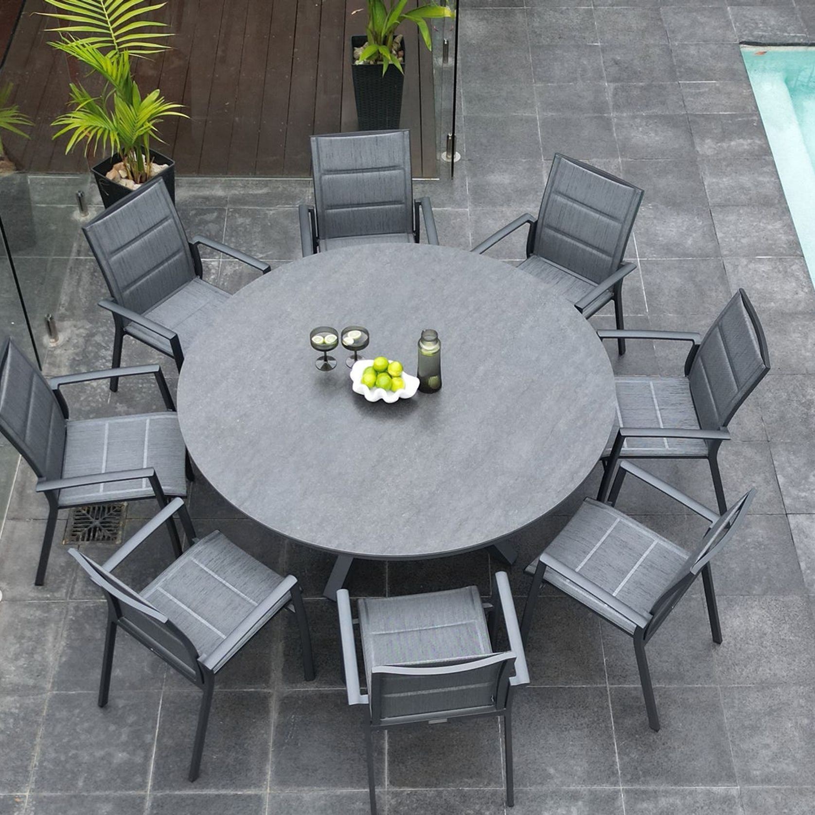 Adele Round Ceramic Table With Sevilla Padded Chairs 9pc Outdoor Dining Setting gallery detail image