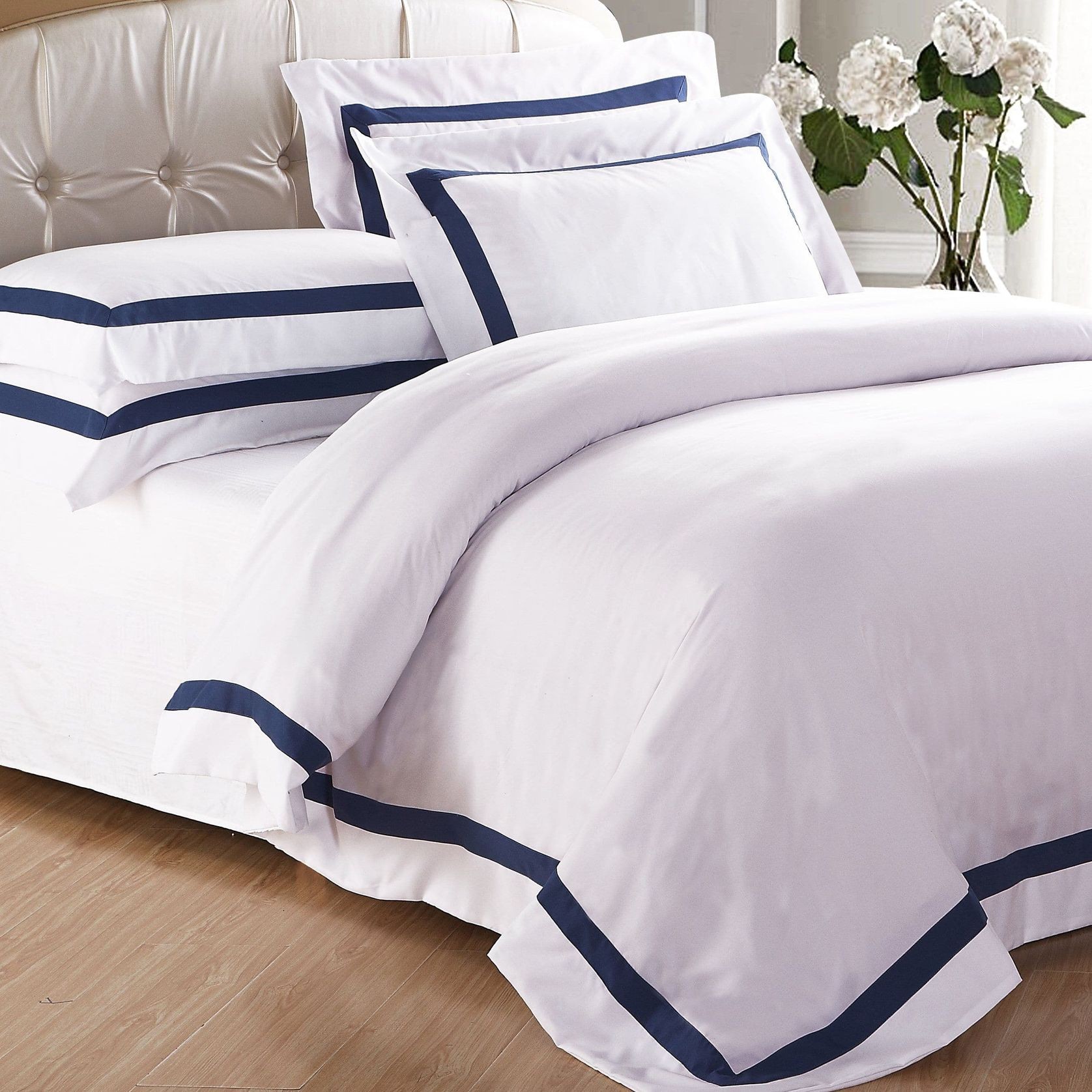 Ava Collection White Quilt Cover Set - Navy Trim gallery detail image
