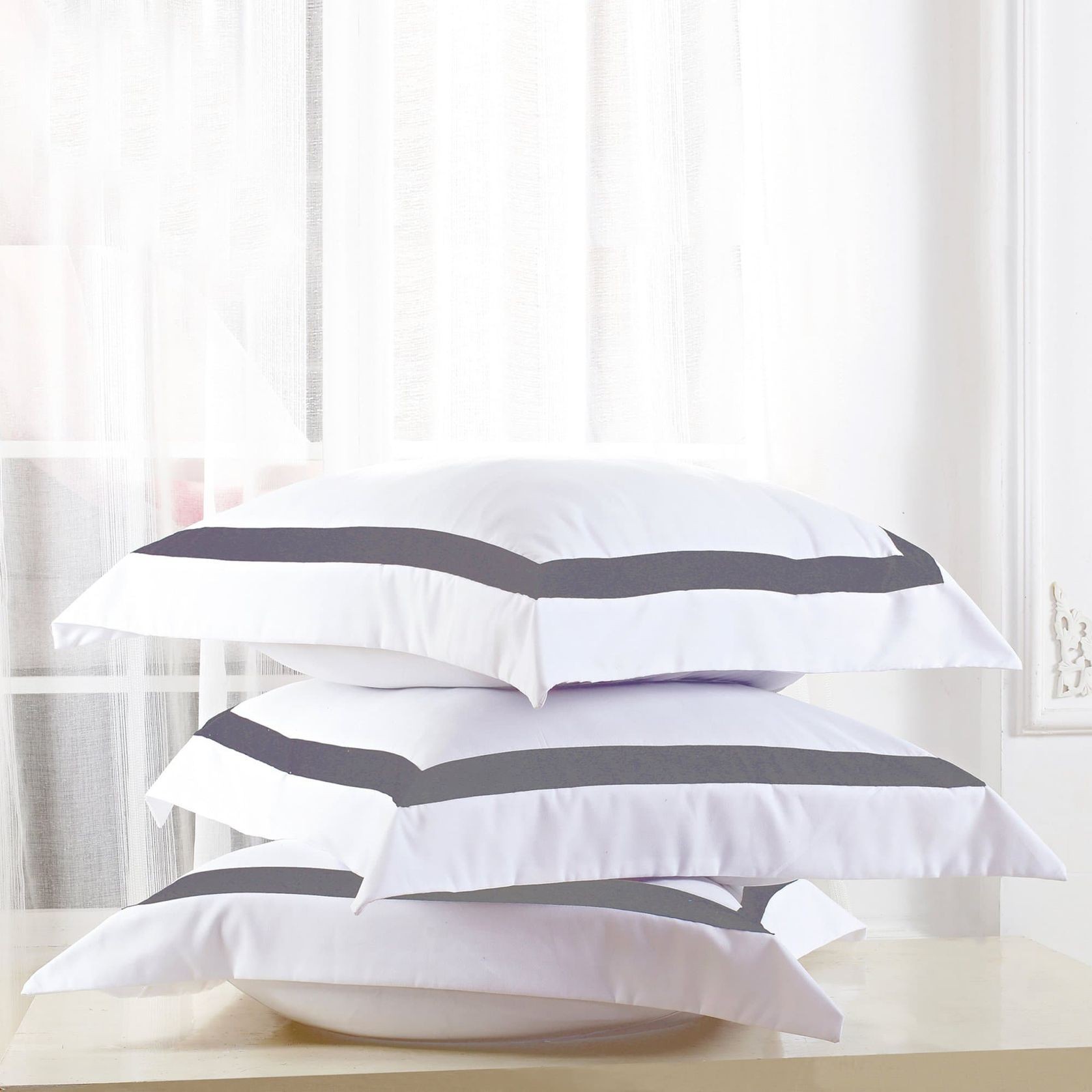 Ava Collection | White European Pillowcase Set - Charcoal Trim gallery detail image